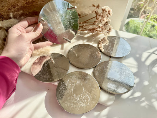 Set of 6 Vintage Silver Plated Drink Coasters with Etched Scrollwork and Rubber Backing