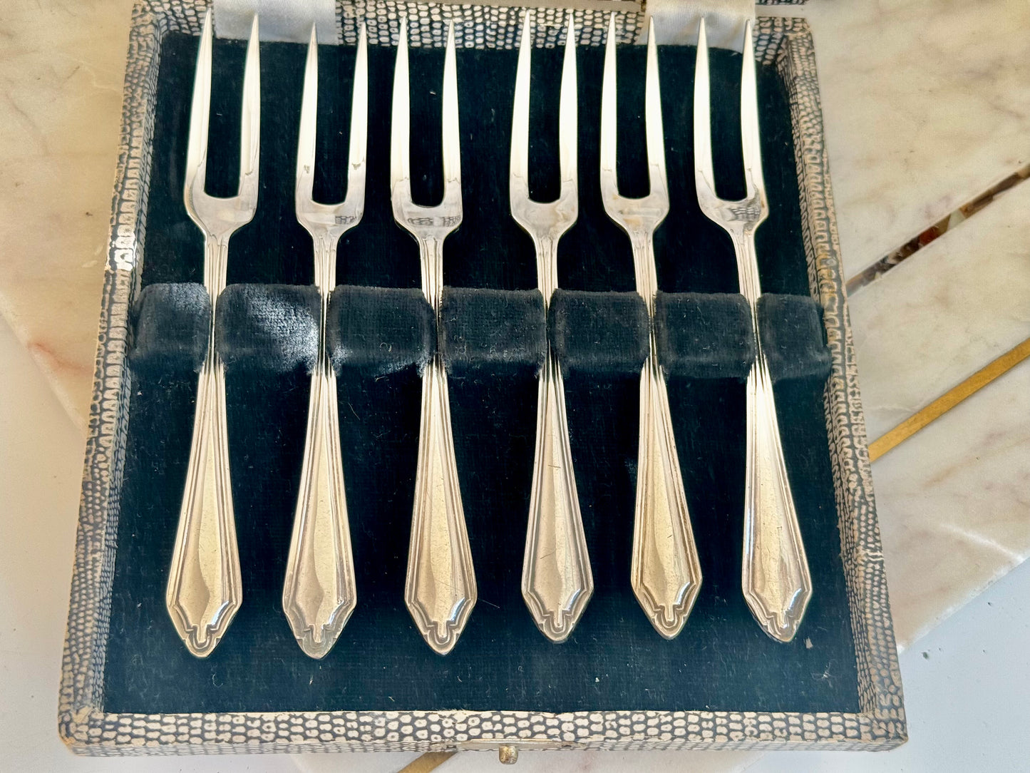 Set of Six Vintage Silver Plated Dessert Forks in Original Box – Art Deco Style
