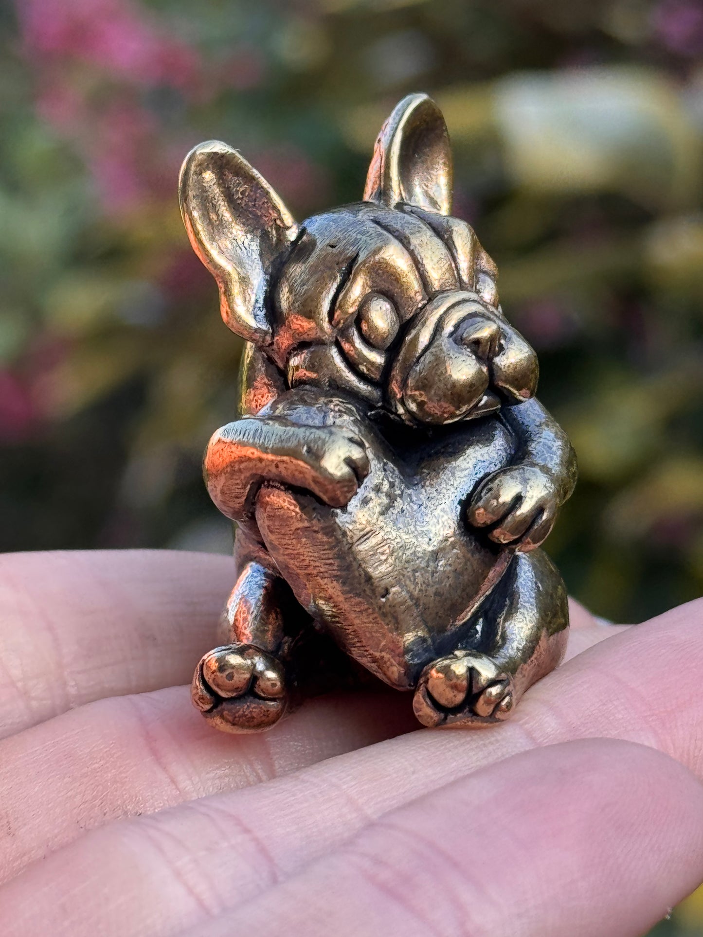 Solid Brass French Bulldog with Heart, Dog Figurine Symbolising Love