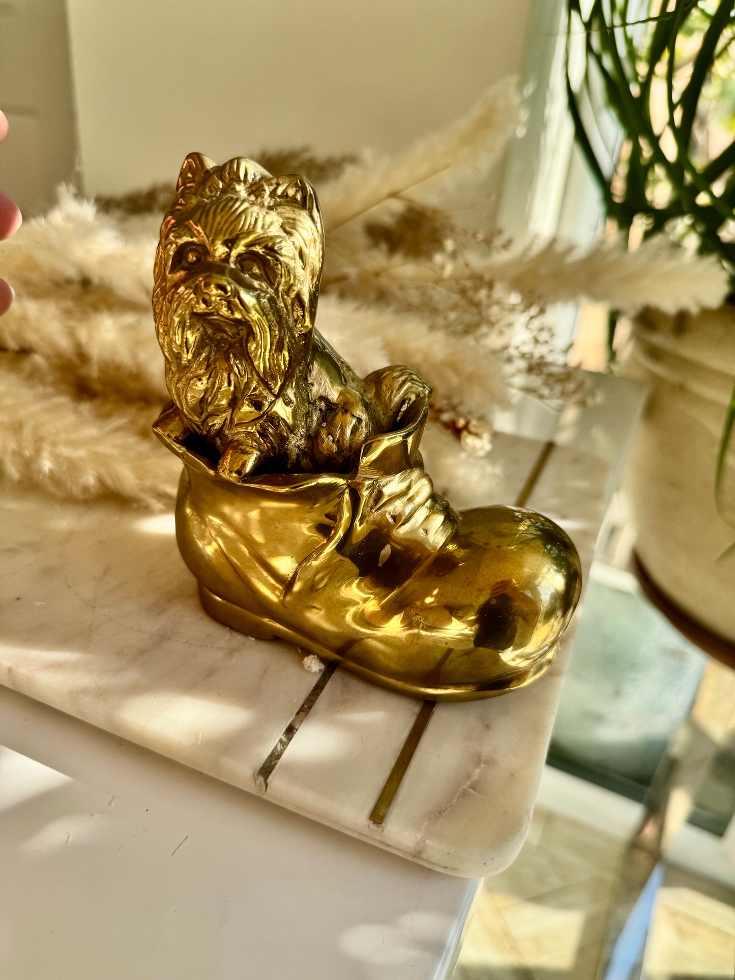 Vintage Solid Brass Yorkshire Terrier in a Boot – Whimsical Dog Figurine