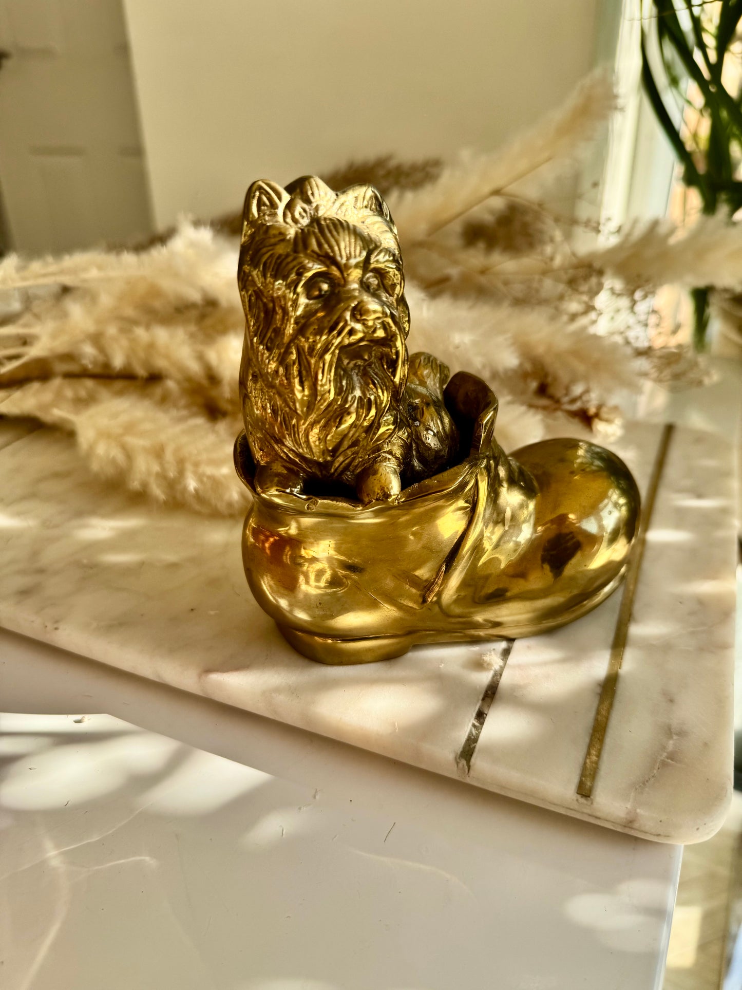 Vintage Solid Brass Yorkshire Terrier in a Boot – Whimsical Dog Figurine