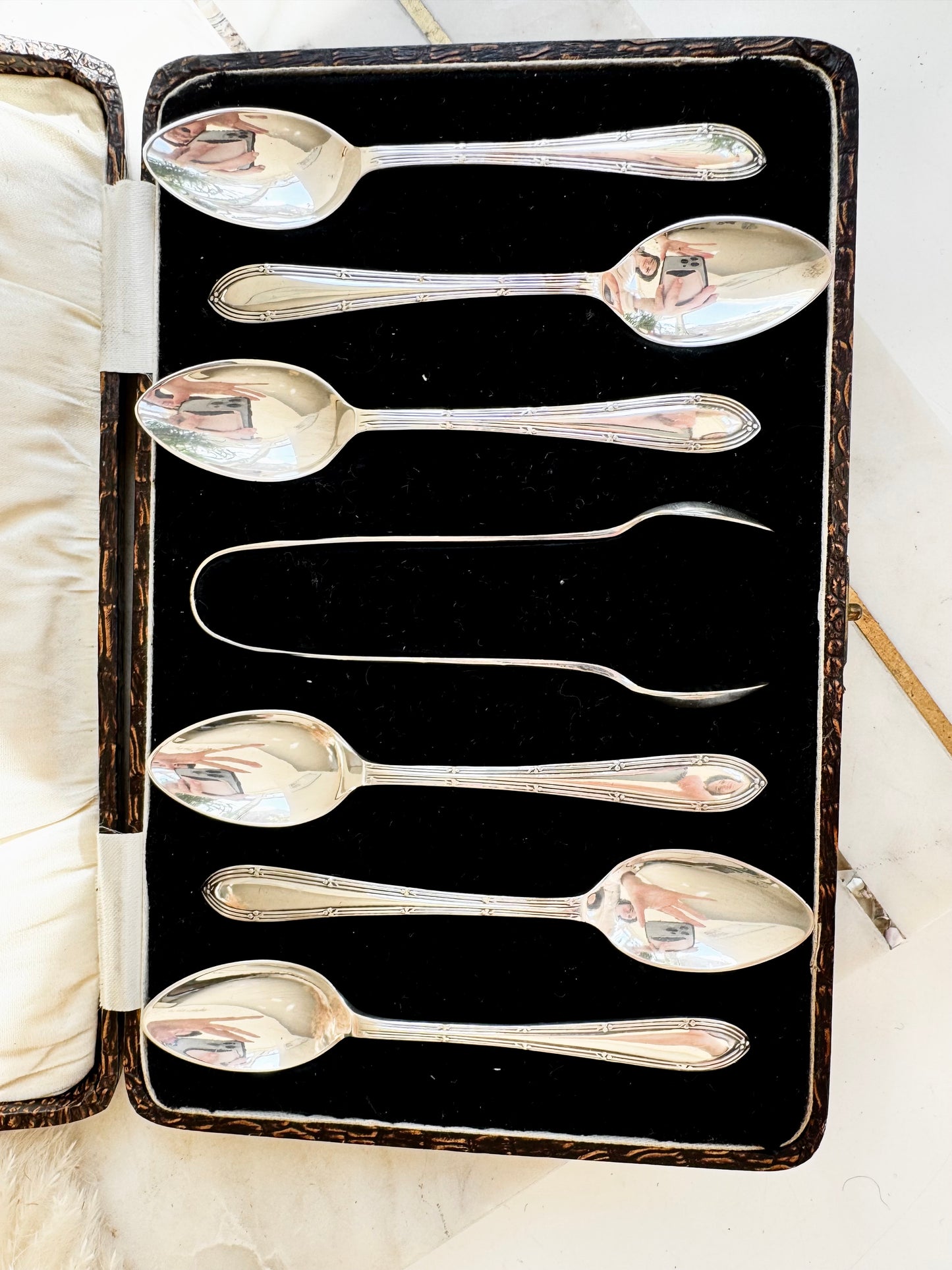 Antique EPNS Silver Plated Teaspoon Set in Ornate Faux-Croc Box – 7 Pieces with Sugar Tongs