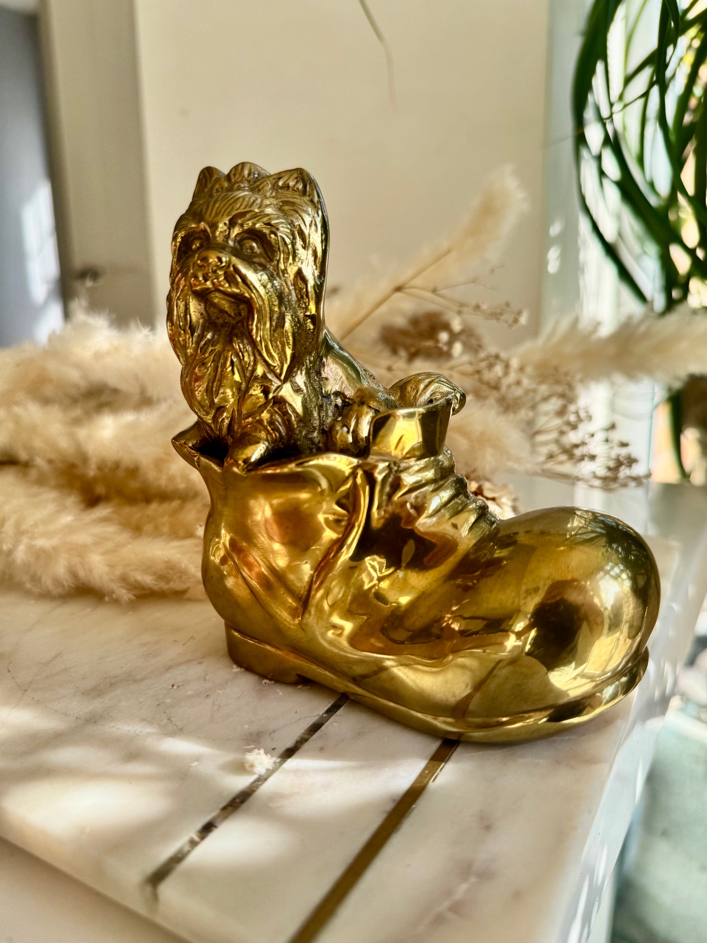 Vintage Solid Brass Yorkshire Terrier in a Boot – Whimsical Dog Figurine