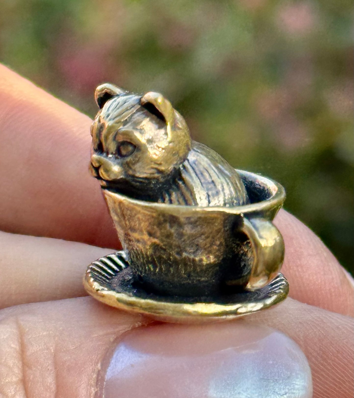 Miniature Brass Cat in Teacup – Whimsical Figurine