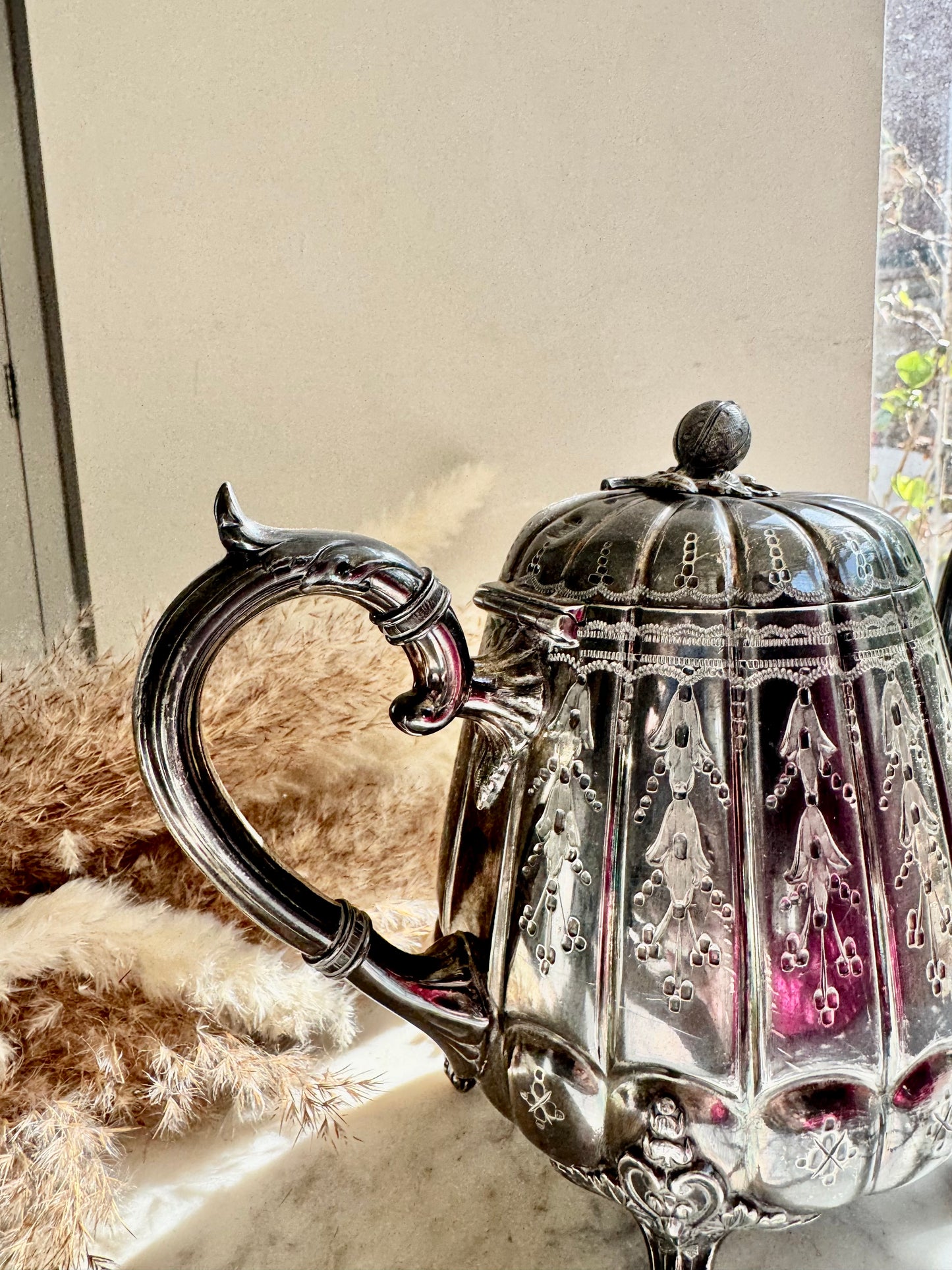 Antique James Deakin & Sons Silver Plated Teapot – Floral Engraved, Tripod Feet, Sheffield c.1890s