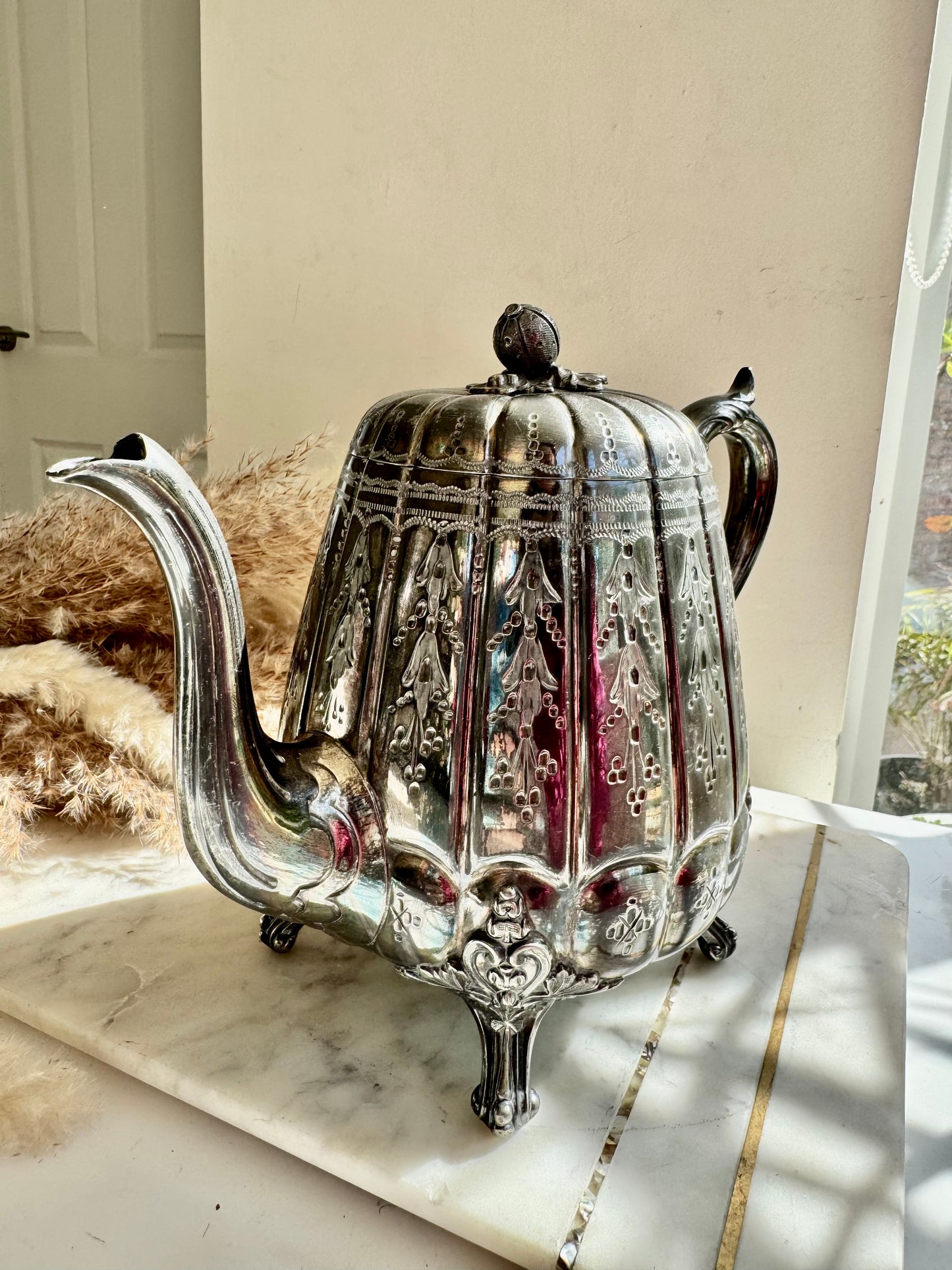 Antique James Deakin & Sons Silver Plated Teapot – Floral Engraved, Tripod Feet, Sheffield c.1890s