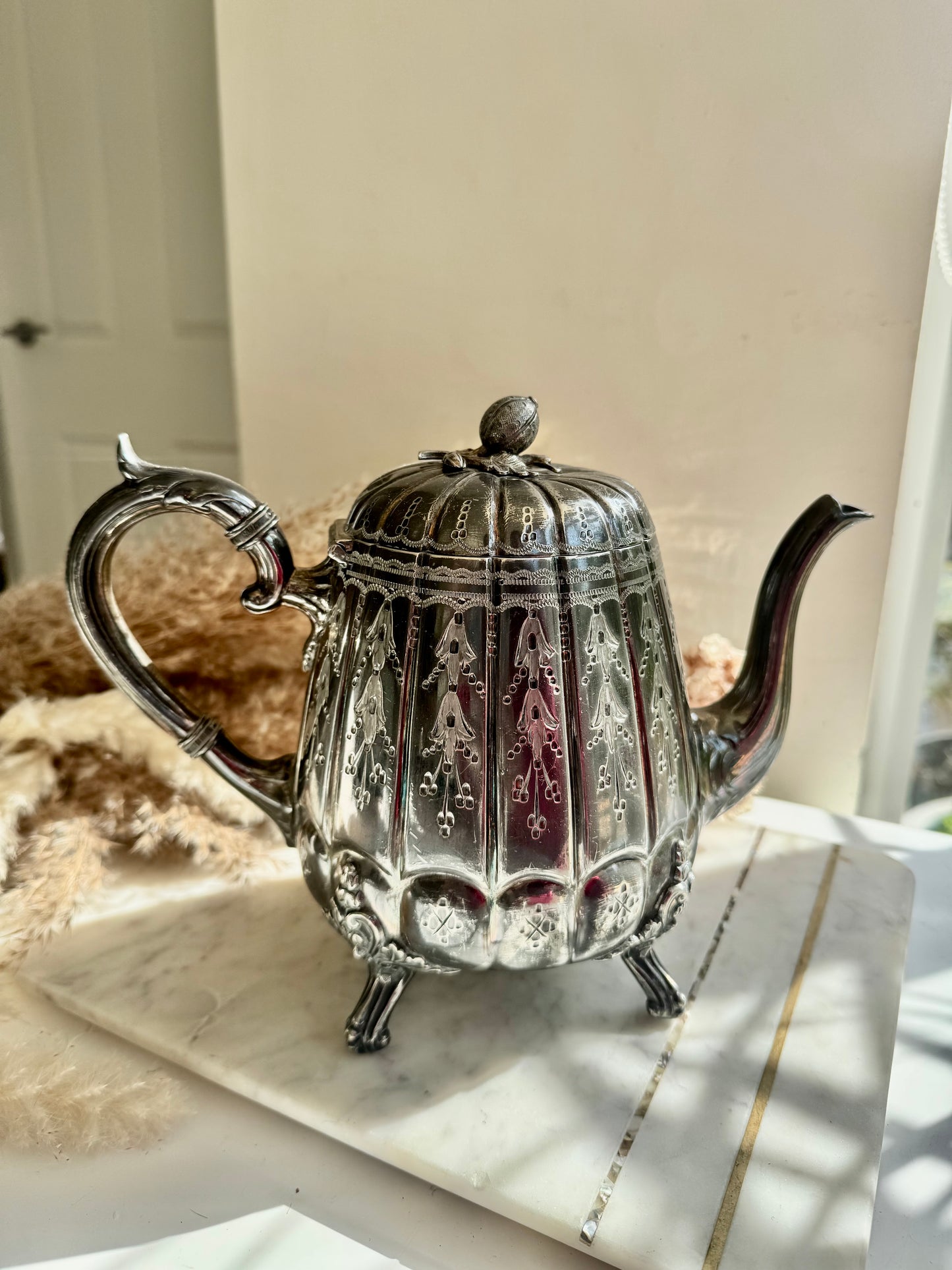 Antique James Deakin & Sons Silver Plated Teapot – Floral Engraved, Tripod Feet, Sheffield c.1890s