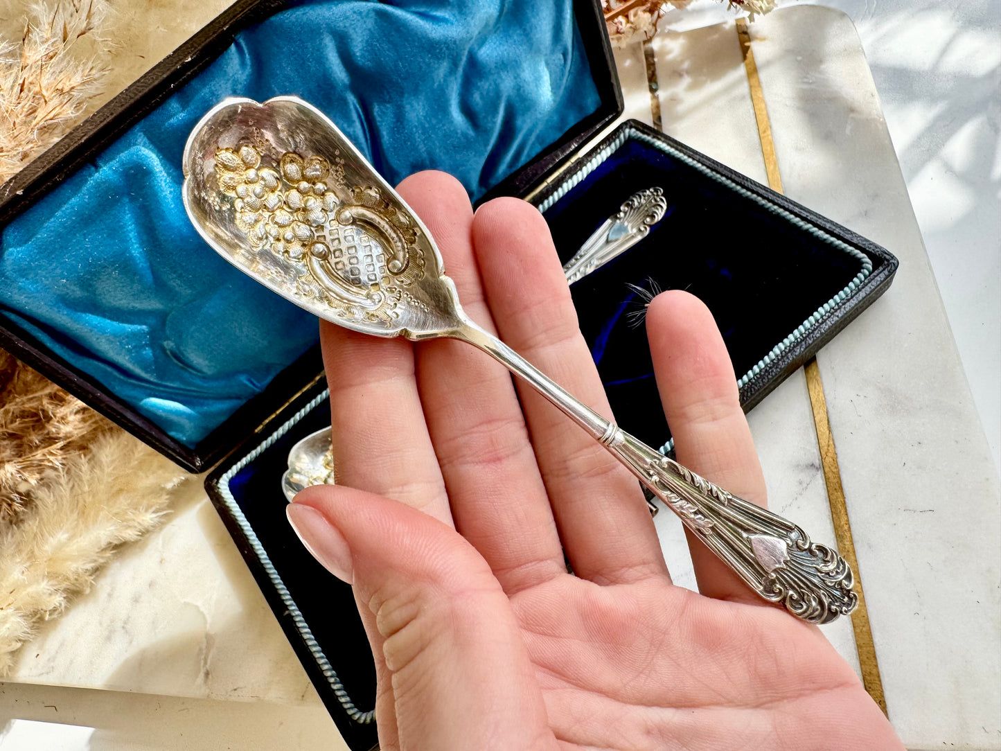 Antique Pair of Silver Plated Berry Spoons with Gilt Bowls — Grape Motif in Original Velvet Box