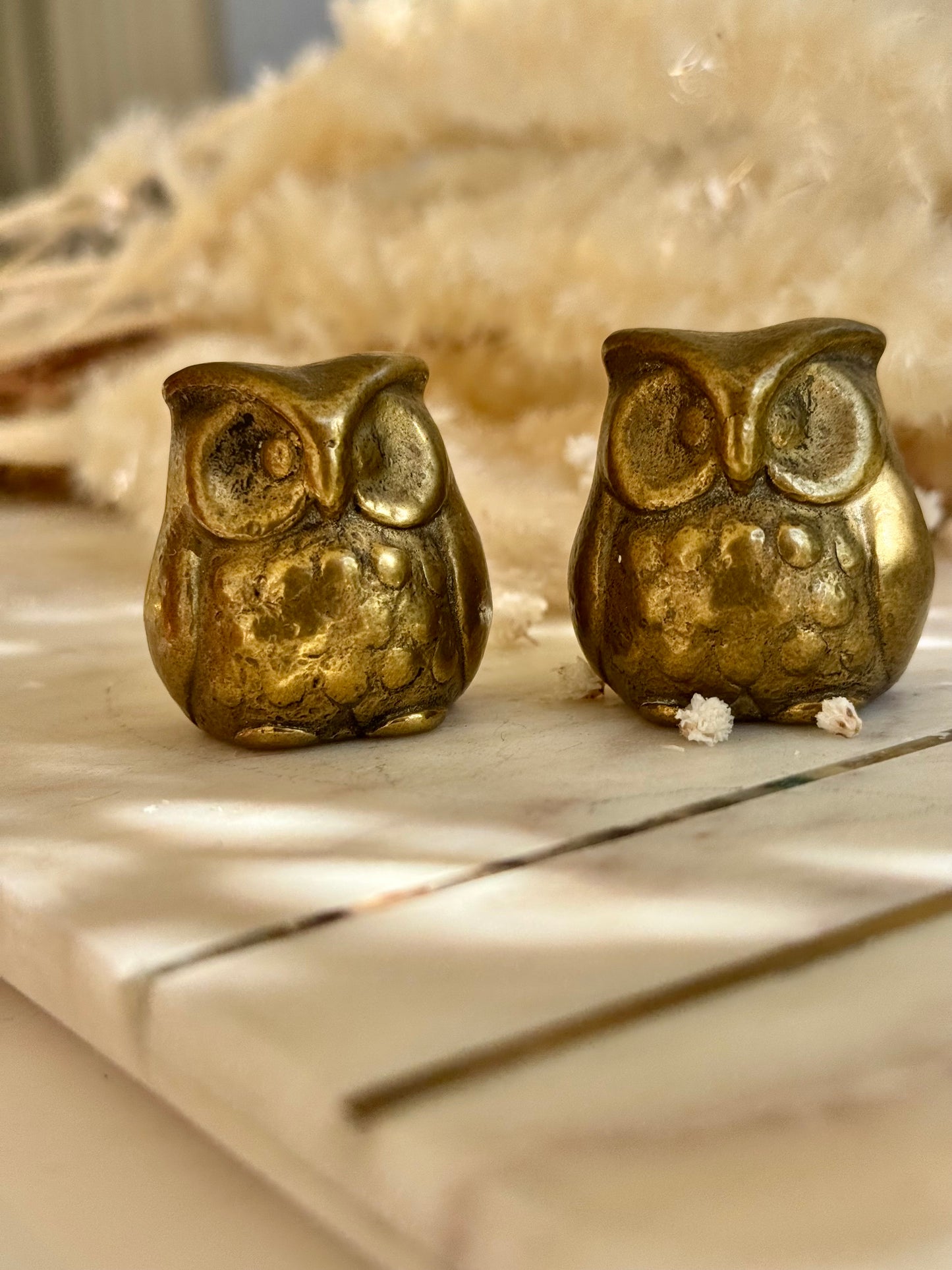 Pair of Vintage Solid Brass Owl Figurines – Mid-Century Miniature Animal Sculptures