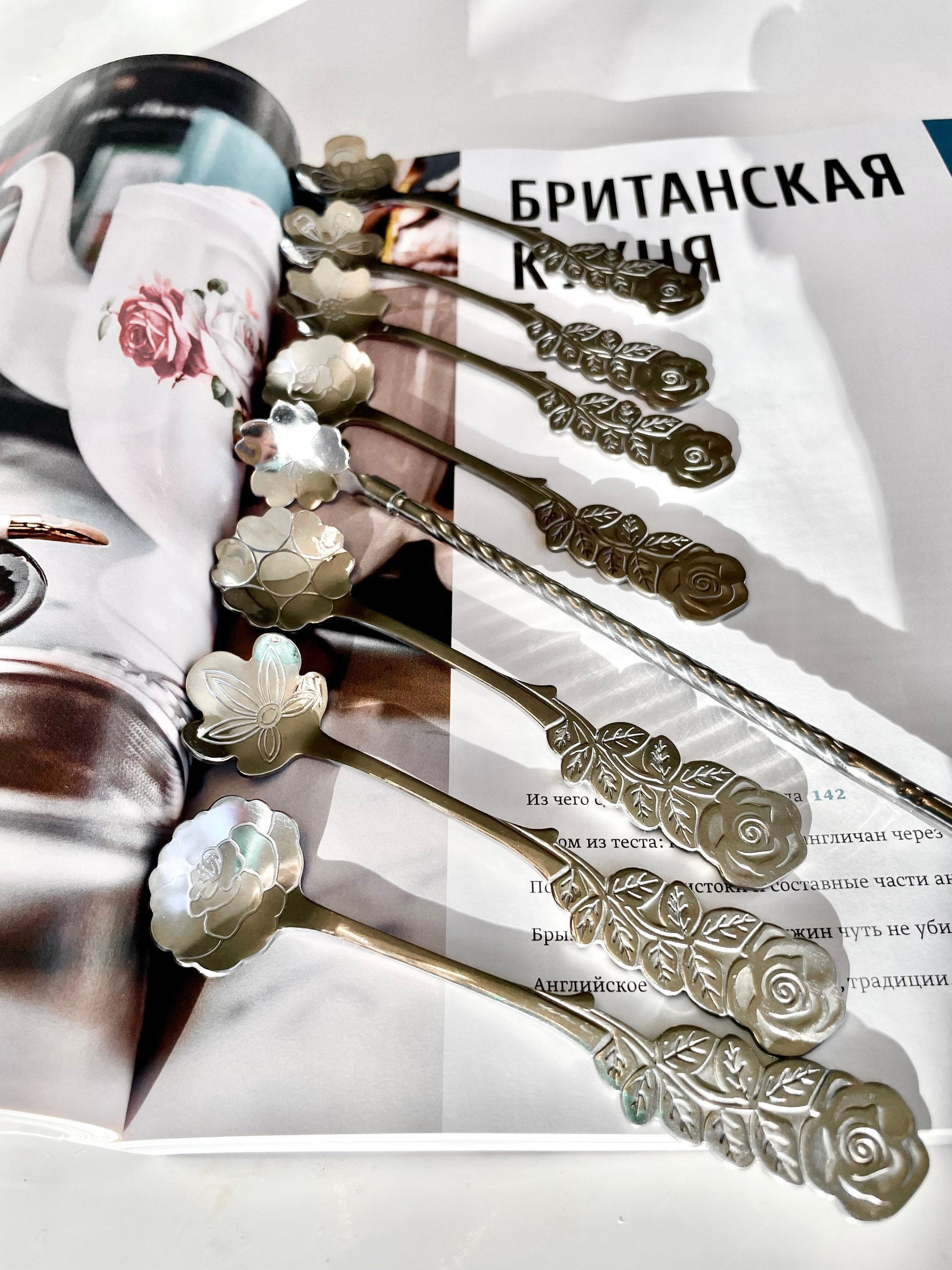 Elegant Tea Party Spoon Set of 8 Floral Desert Utensils, Regency Style Flatware, Nature-Inspired Gift for Her