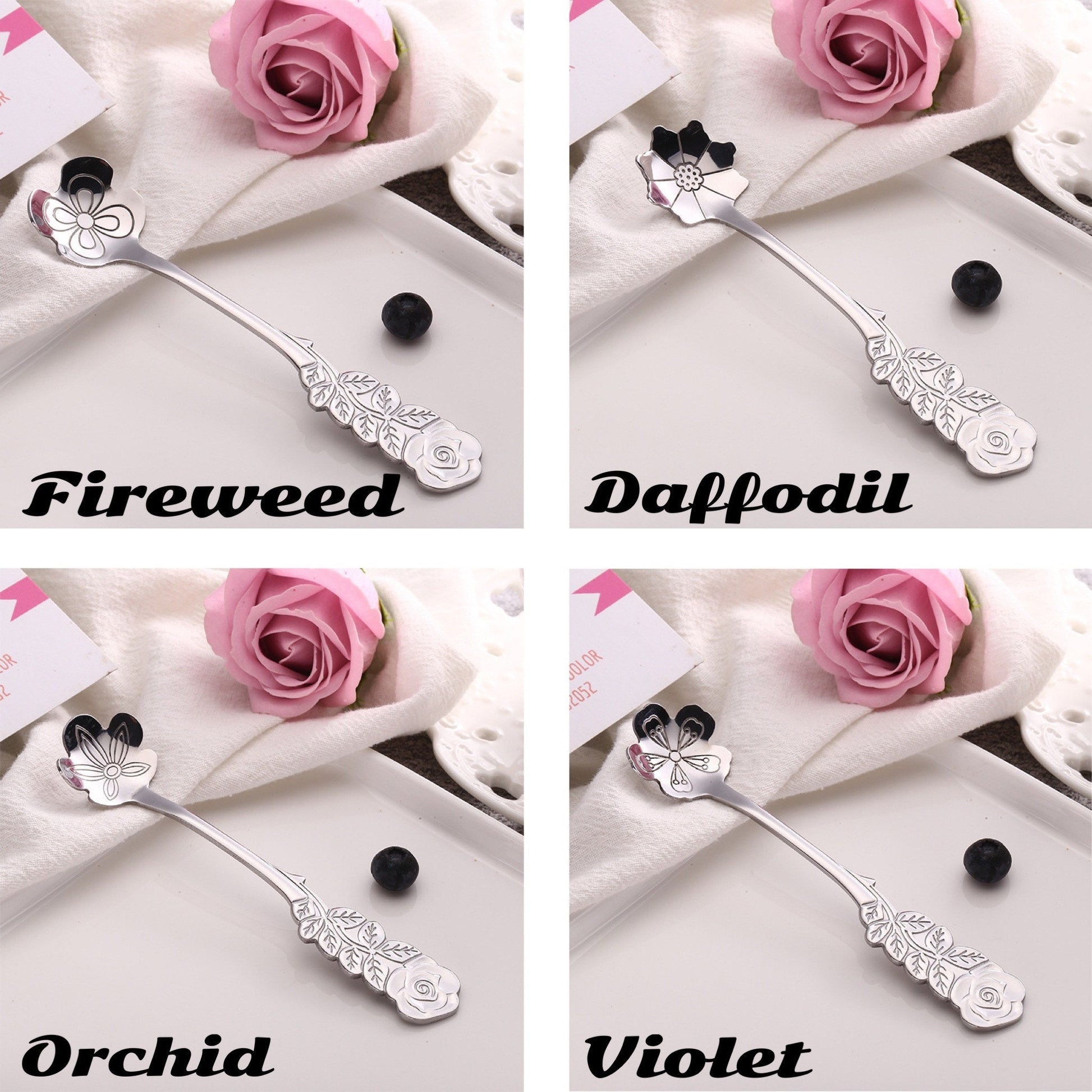 Elegant Tea Party Spoon Set of 8 Floral Desert Utensils, Regency Style Flatware, Nature-Inspired Gift for Her