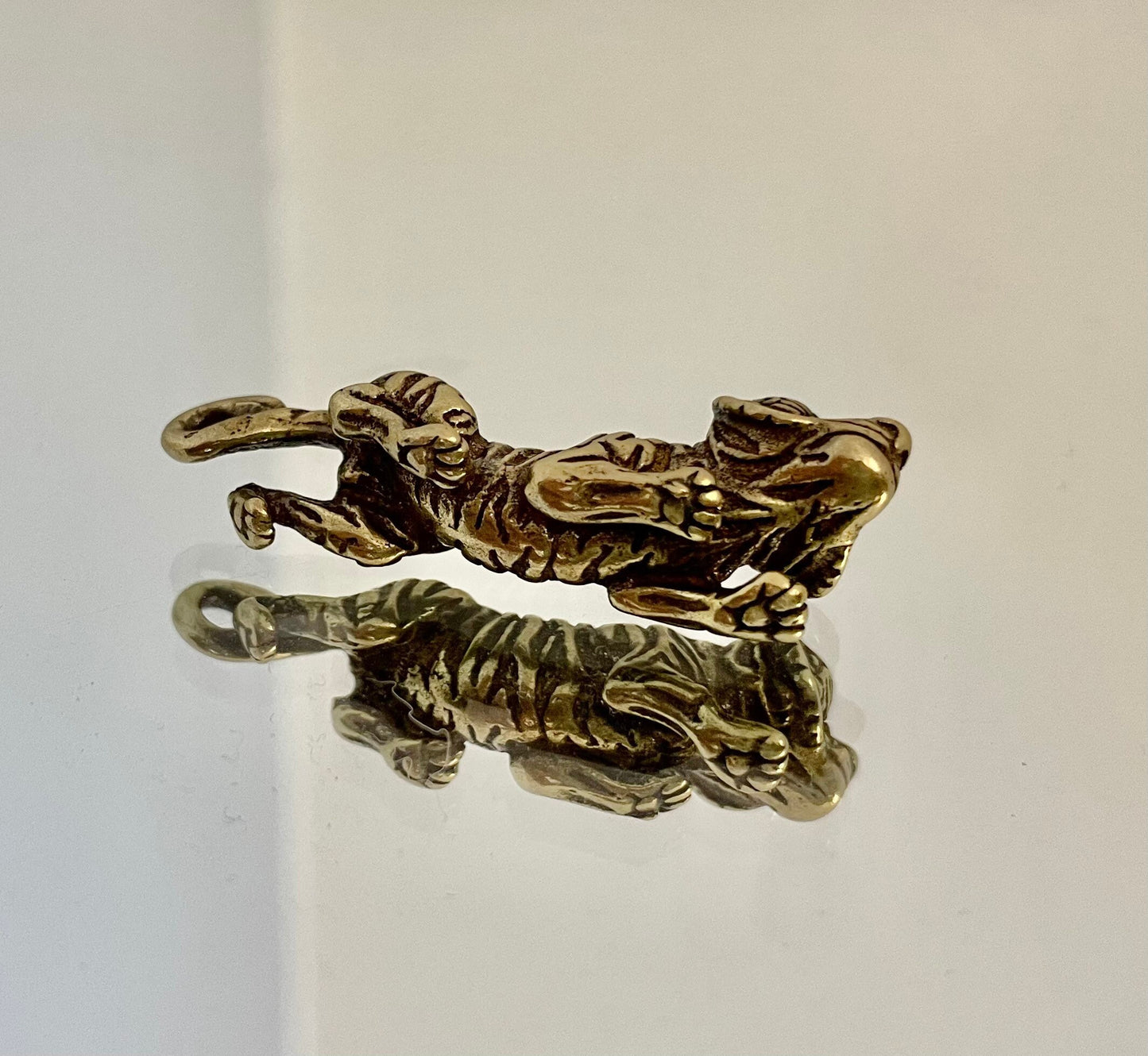White Crouching tiger, Japanese style Tiger, Copper Small Good Luck Figurine, Creative Gift, Metal tiger keychain
