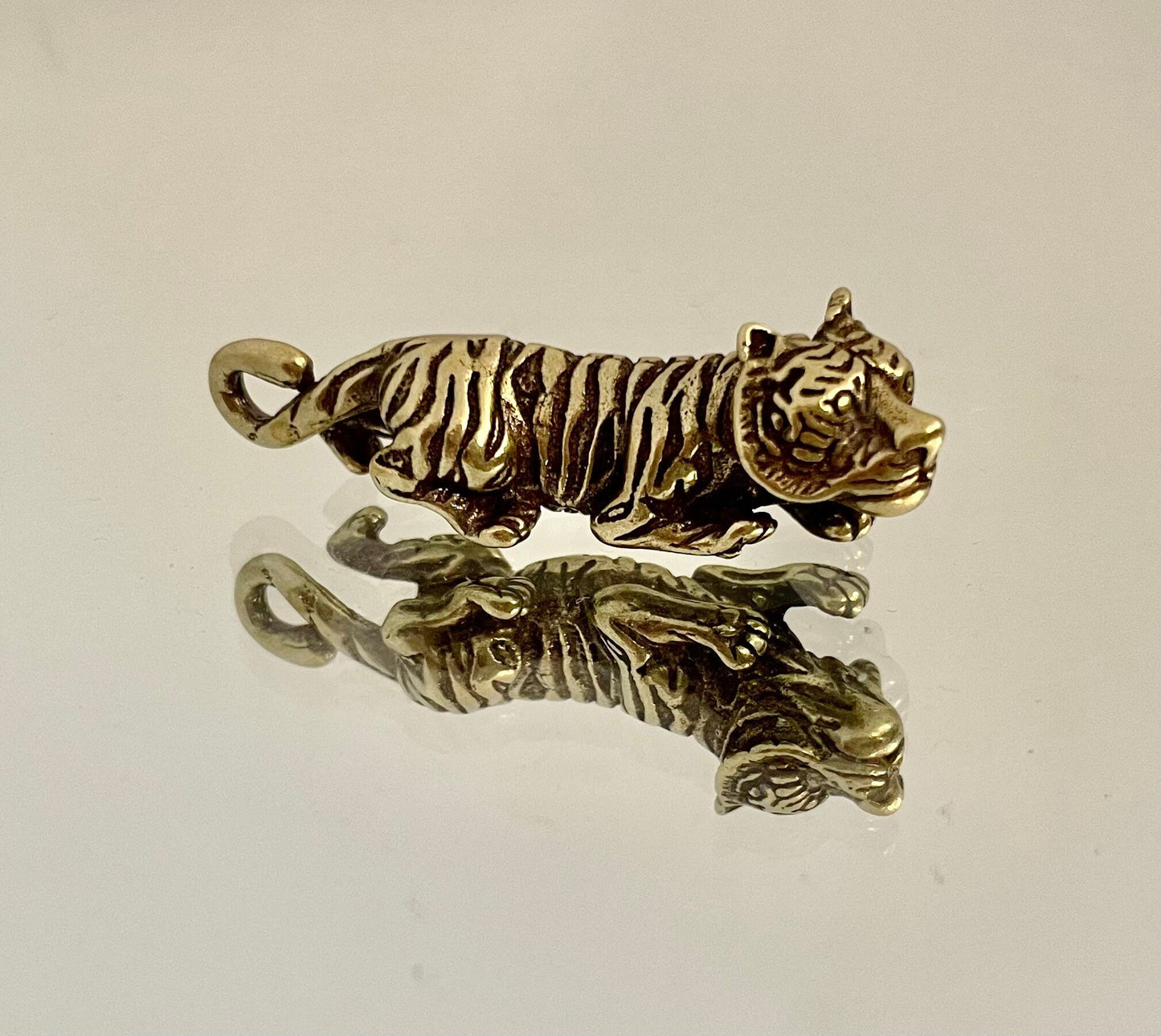 White Crouching tiger, Japanese style Tiger, Copper Small Good Luck Figurine, Creative Gift, Metal tiger keychain