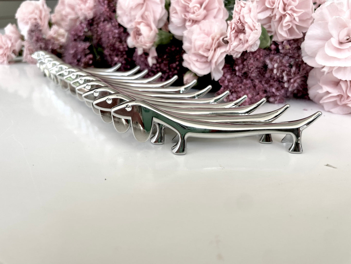 Set of 12 Vintage style knife holders, Sausage Dog Cutlery Holder, Rest for Knifes, Forks, and Spoons, Silver plated Farmhouse Tableware
