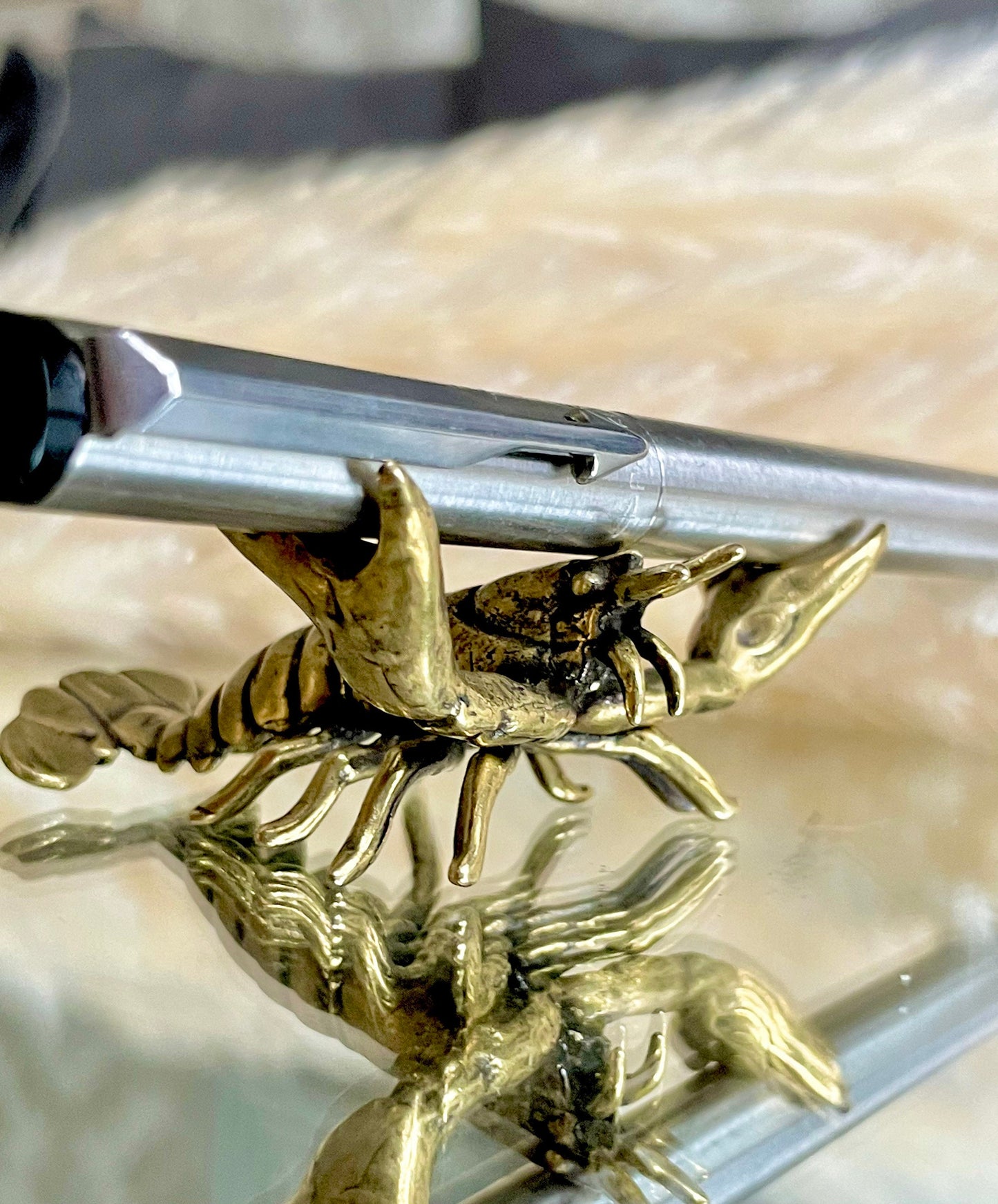 Mighty Lobster, lifelike solid brass sculpture, Pen rest, Brush holder, Paperweight, Desktop ornament, Gift for boss, Creative gift