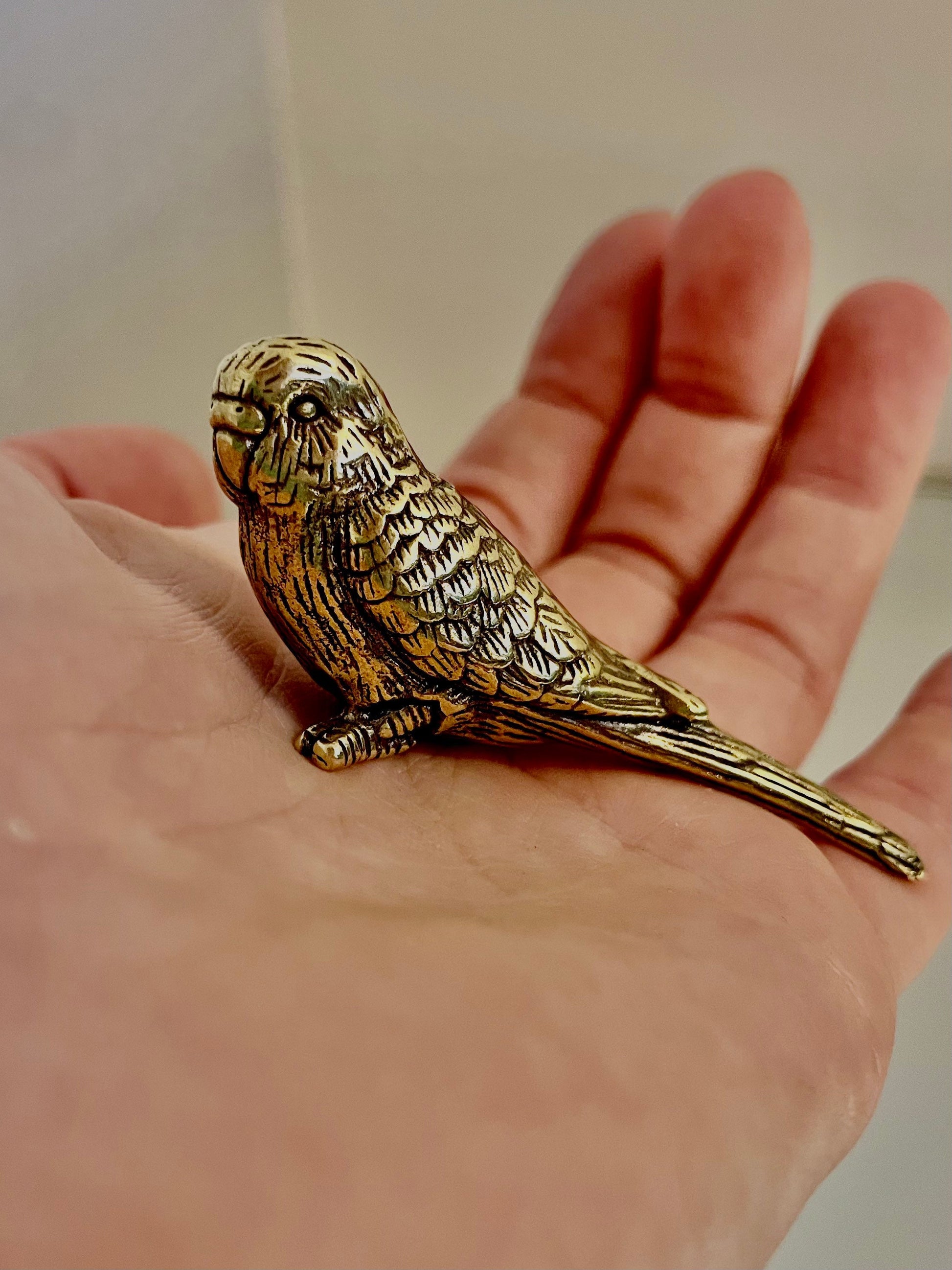 Budgerigar figurine, lifelike fine solid brass sculpture, Parakeet statuette, Parrot decor, gift for bird lovers, ornament for desktop