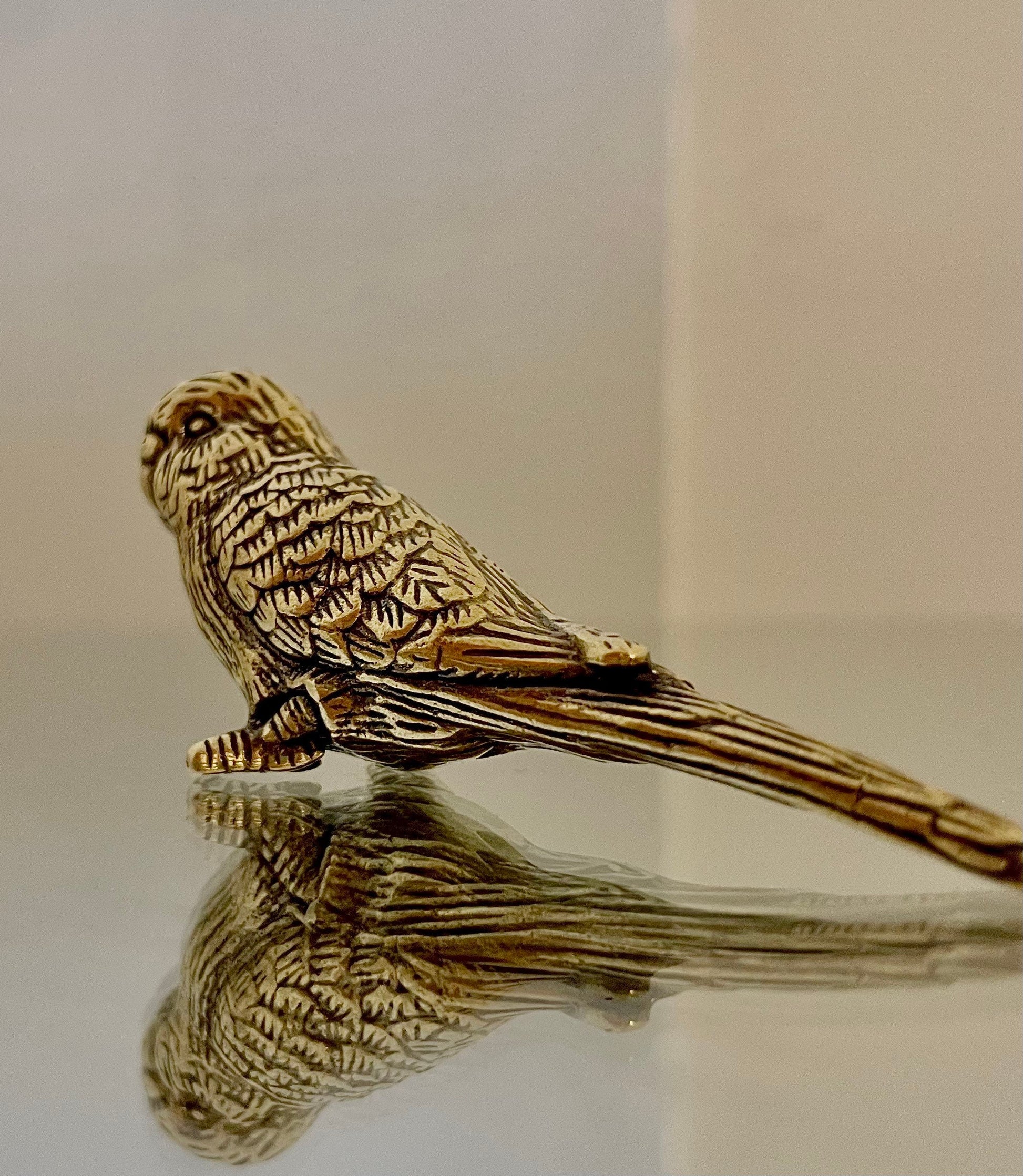 Budgerigar figurine, lifelike fine solid brass sculpture, Parakeet statuette, Parrot decor, gift for bird lovers, ornament for desktop
