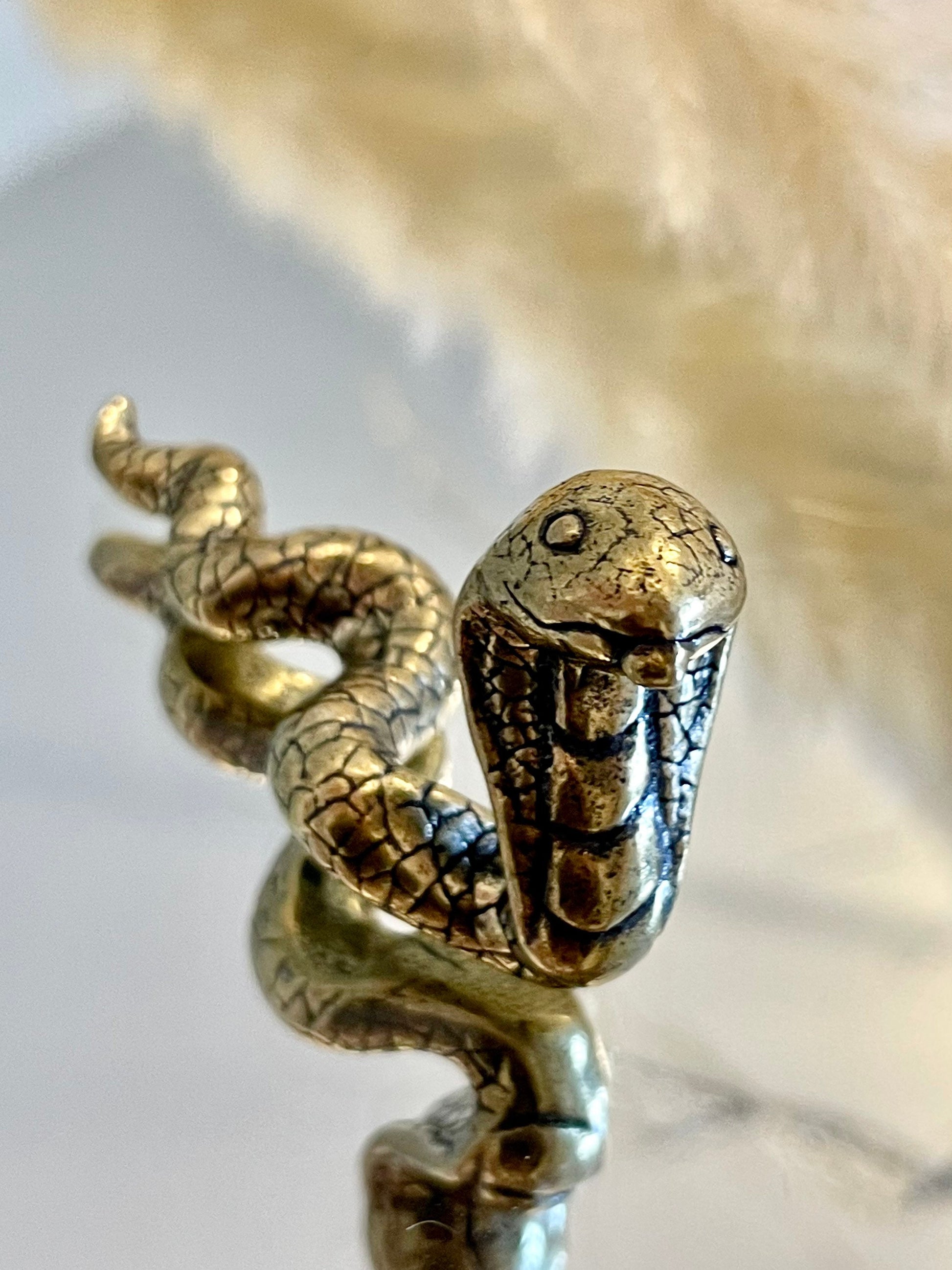 Snake cobra metal figurine, fine lifelike miniature, solid brass desktop ornament, creative gift, gift for snake lovers