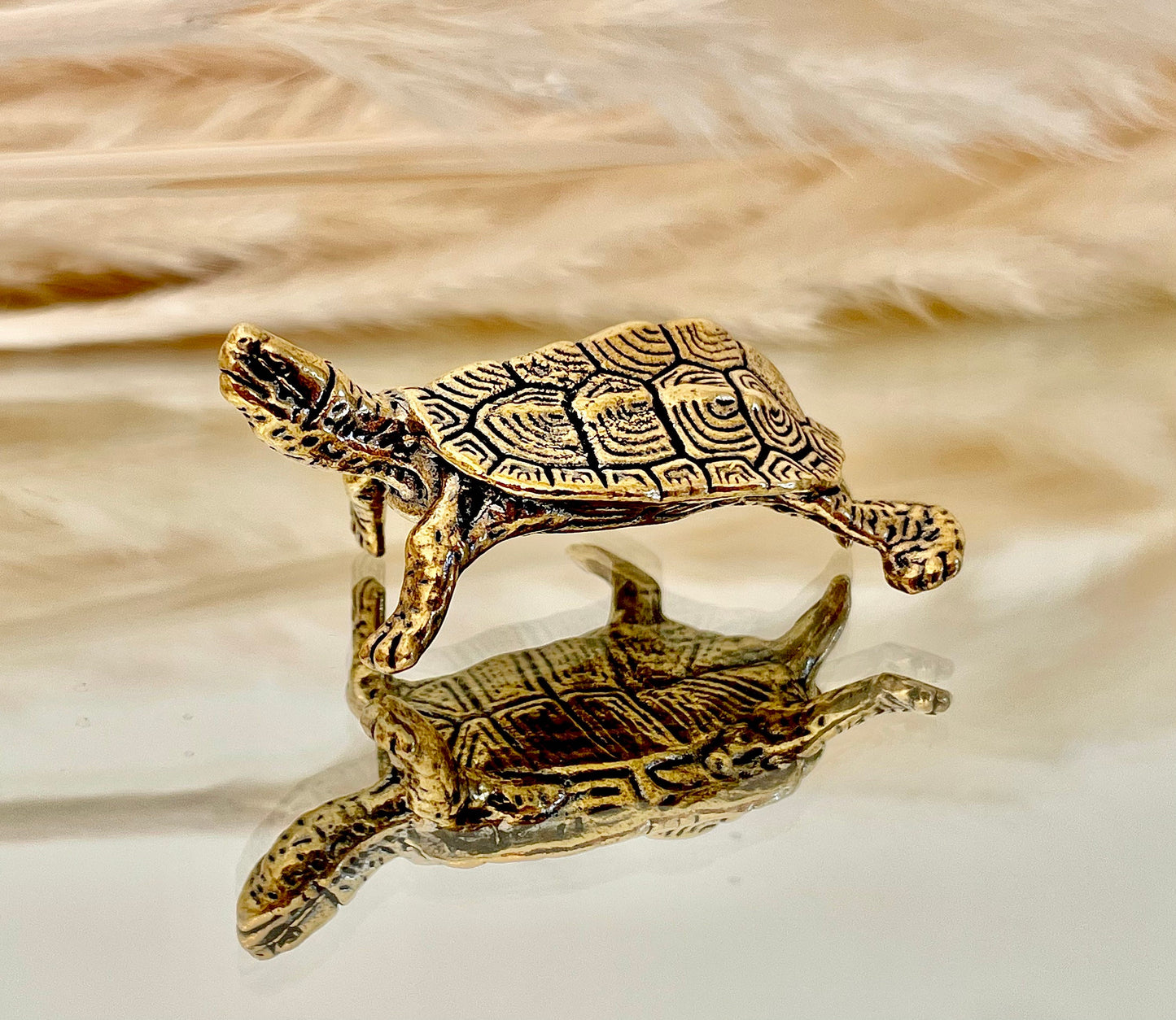 Brass Turtle figurine, Fine lifelike solid brass Pond slider figurine, Turtle ornament, Cute little gift, Japanese style statue, Feng Shui