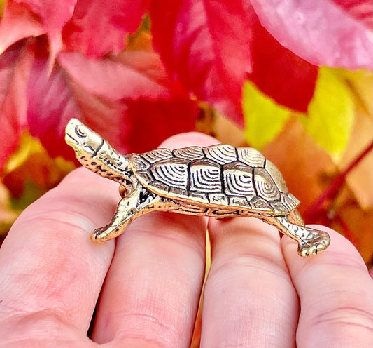 Brass Turtle figurine, Fine lifelike solid brass Pond slider figurine, Turtle ornament, Cute little gift, Japanese style statue, Feng Shui