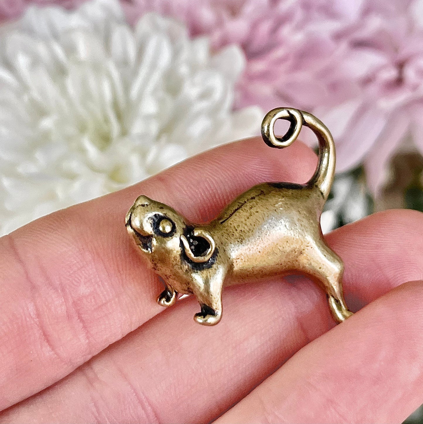 Cute Stretching mouse figurine, solid brass figurine, metal mouse statuette, Mouse keychain, brass pendant, cool gift