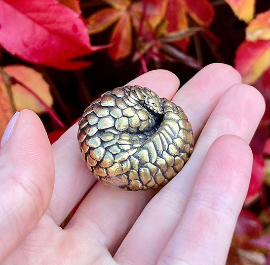 Fine Snuggled Pangolin, Metal Solid Brass Figurine, Paperweight, Desktop ornament, Cozy friend, Home decoration