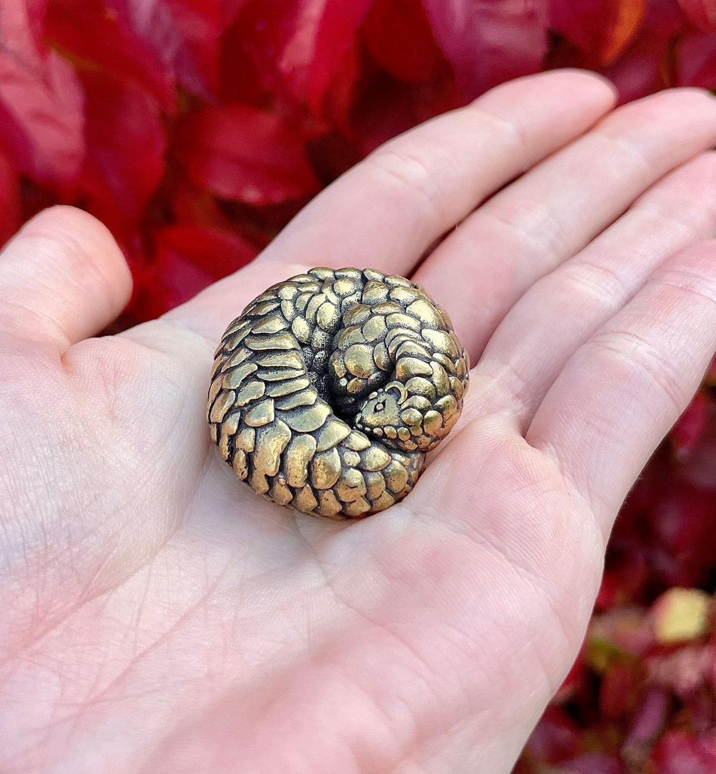 Fine Snuggled Pangolin, Metal Solid Brass Figurine, Paperweight, Desktop ornament, Cozy friend, Home decoration
