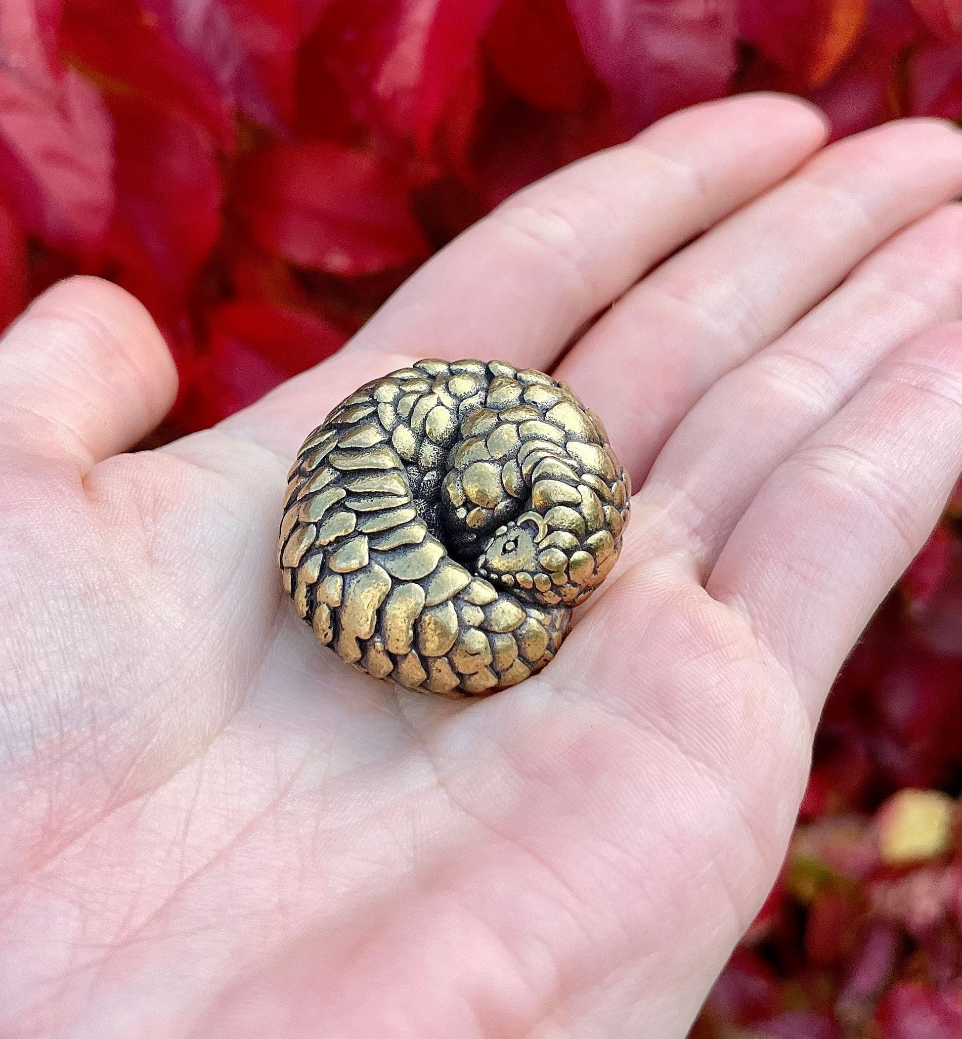 Fine Snuggled Pangolin, Metal Solid Brass Figurine, Paperweight, Desktop ornament, Cozy friend, Home decoration