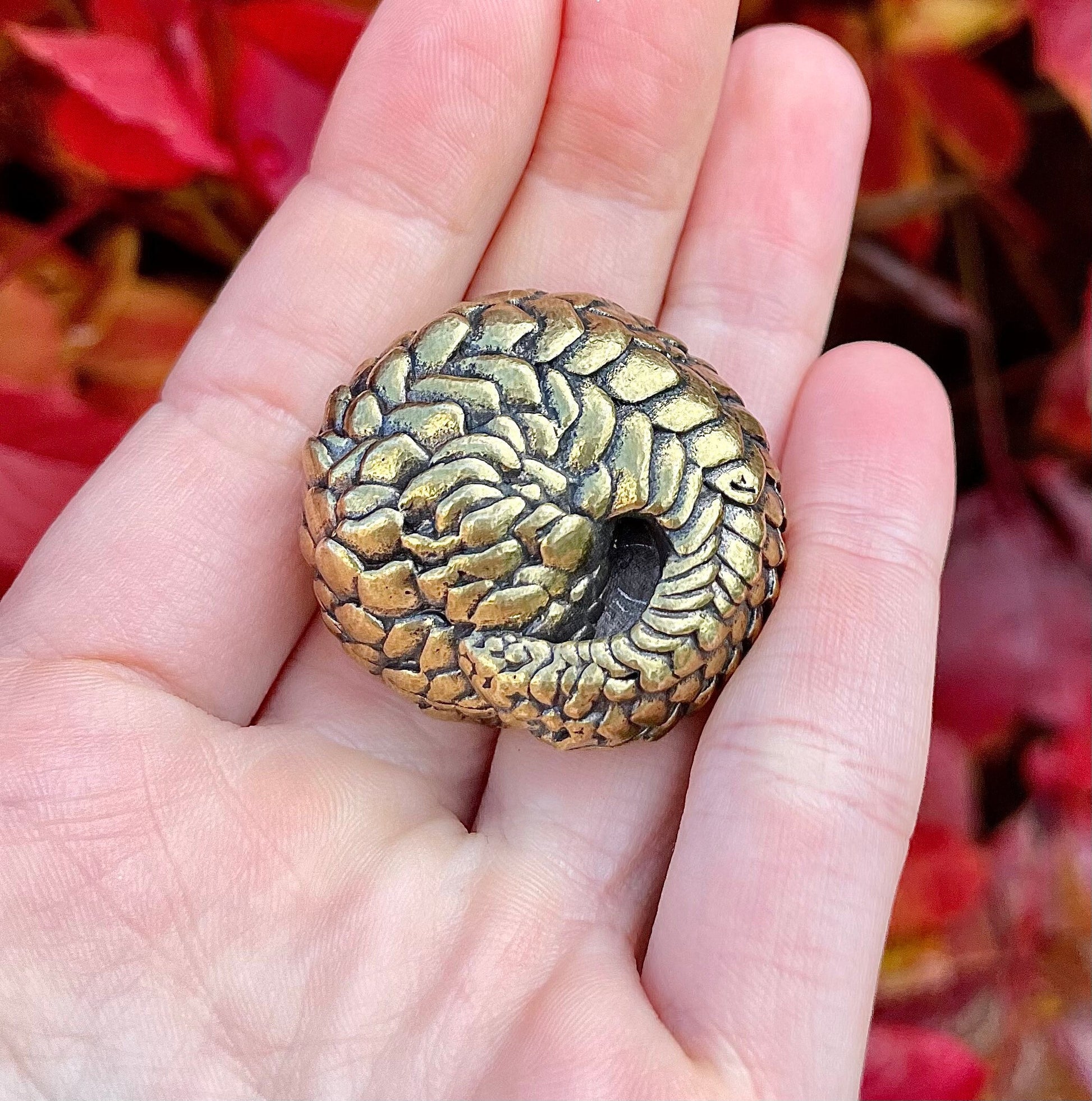 Fine Snuggled Pangolin, Metal Solid Brass Figurine, Paperweight, Desktop ornament, Cozy friend, Home decoration