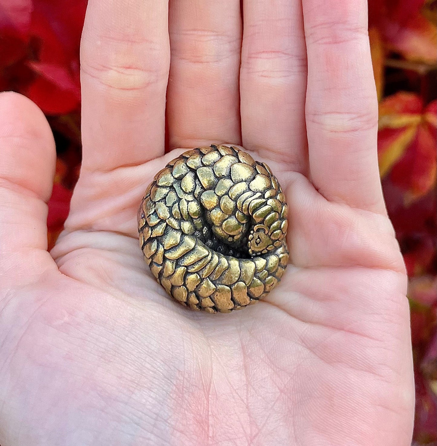 Fine Snuggled Pangolin, Metal Solid Brass Figurine, Paperweight, Desktop ornament, Cozy friend, Home decoration