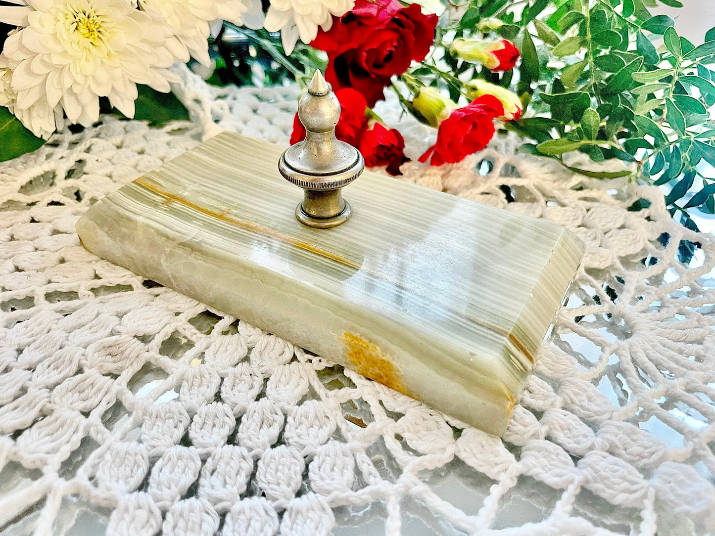 Vintage Onyx Desk cloth and PaperWeight With Brass Handle