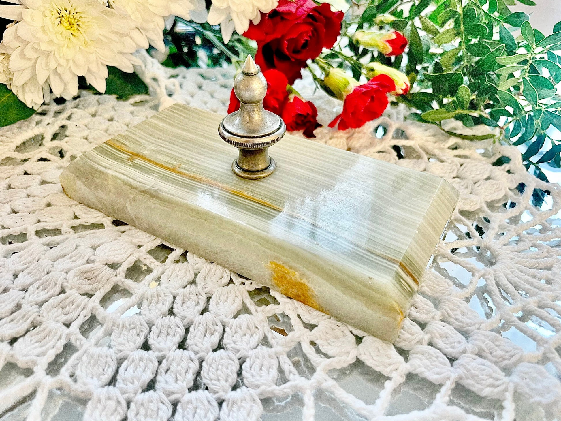 Vintage Onyx Desk cloth and PaperWeight With Brass Handle