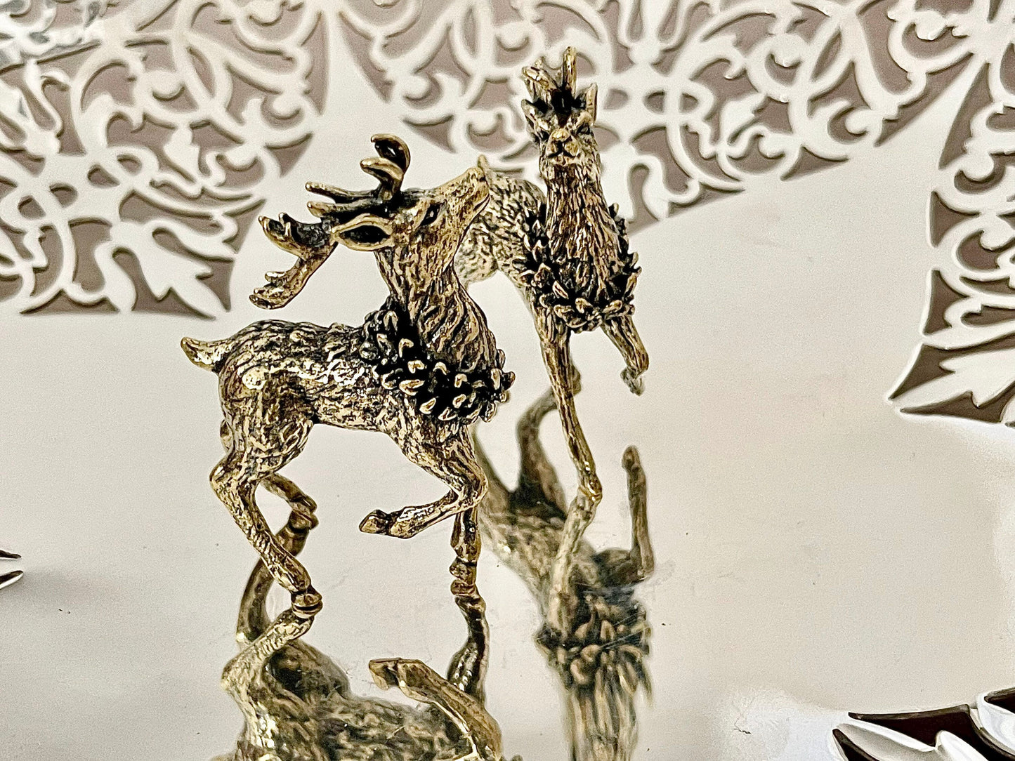 Pair of Reindeers statue, Metal deer ornament, Fine lifelike solid brass, Festival reindeer, reindeer statue, Christmas gift
