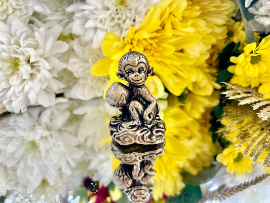Cheeky Monkey with a peach, macaque figures, Metal Monkey Figurine, Tabletop decoration, Monkey Sitting Peach miniature