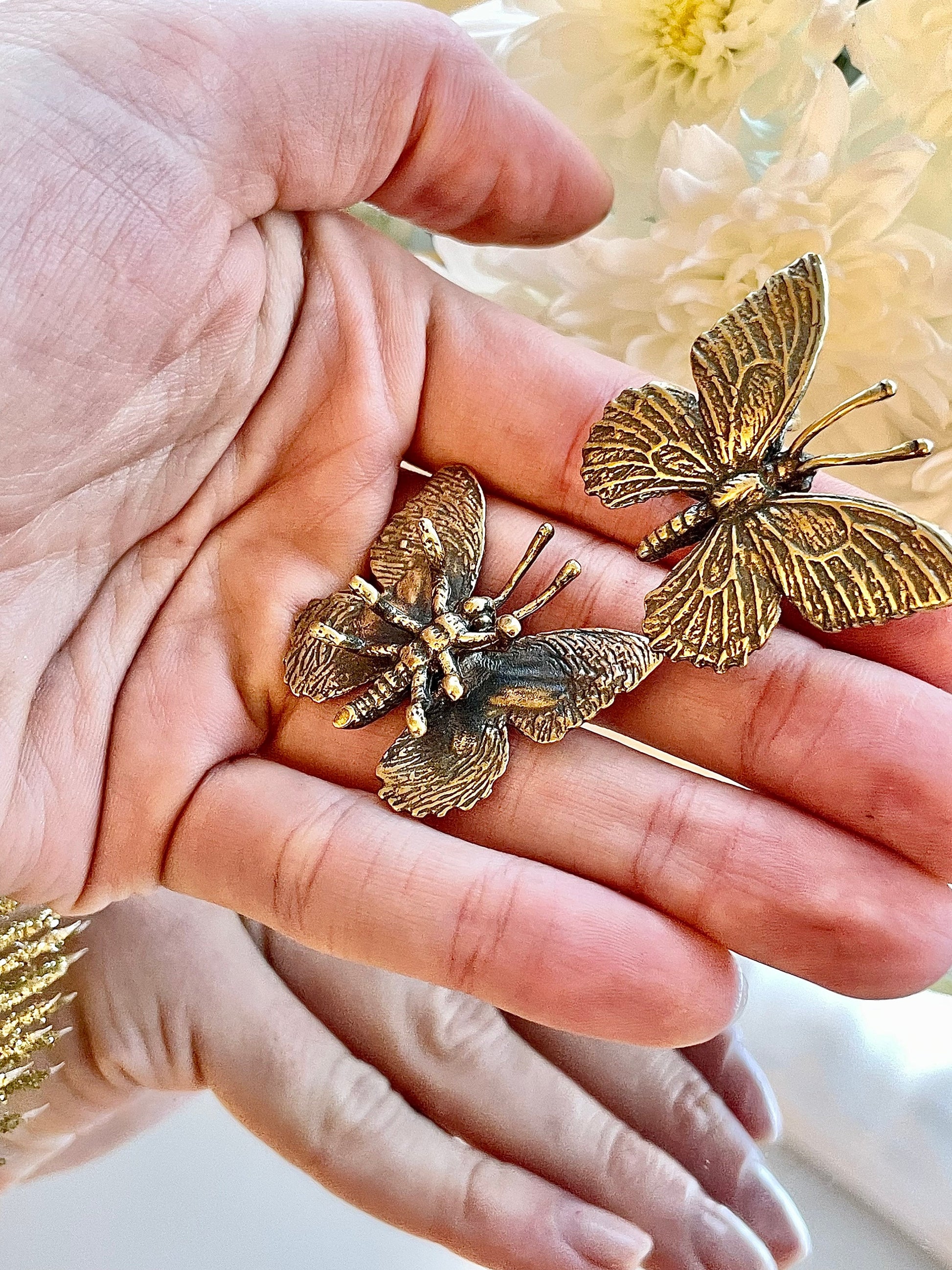 Get 2 Butterfly metal figurine, Fine Lifelike solid brass statue, Fountain pen holder, desktop decor, gift for her, romantic gift