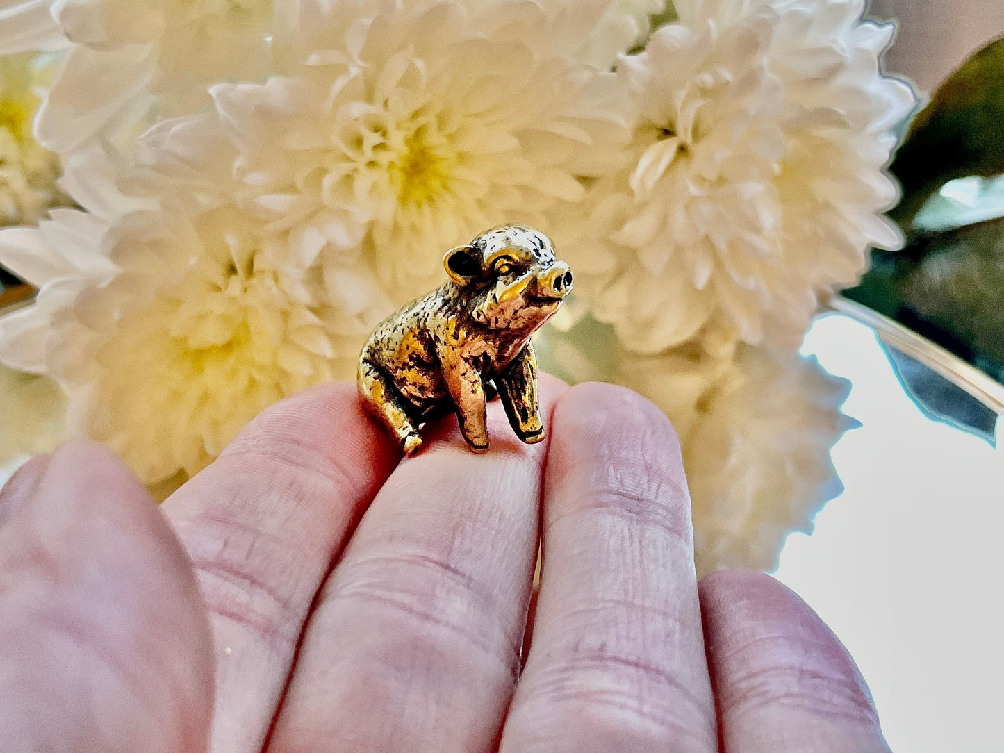 Happy little piglet fine solid brass miniature, lost wax casting, pig figurine, cute little animal sculpture