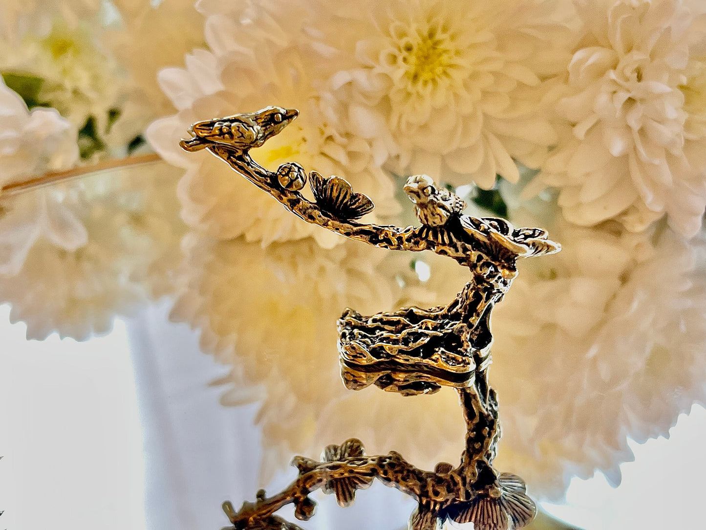 Solid Brass Lively Figurine Featuring a Spring Flowering Tree and Chirping Songbirds, Tabletop decoration, Pen rest, Spring ornament