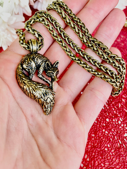 Fox Necklace Brass, Fox Pendant Necklace, Golden Fox Necklace, Beautiful animal pedant, Spiritual Animal Necklace
