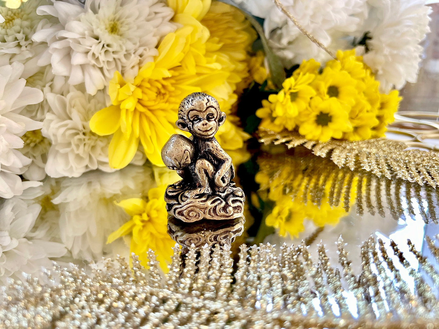 Cheeky Monkey with a peach, macaque figures, Metal Monkey Figurine, Tabletop decoration, Monkey Sitting Peach miniature