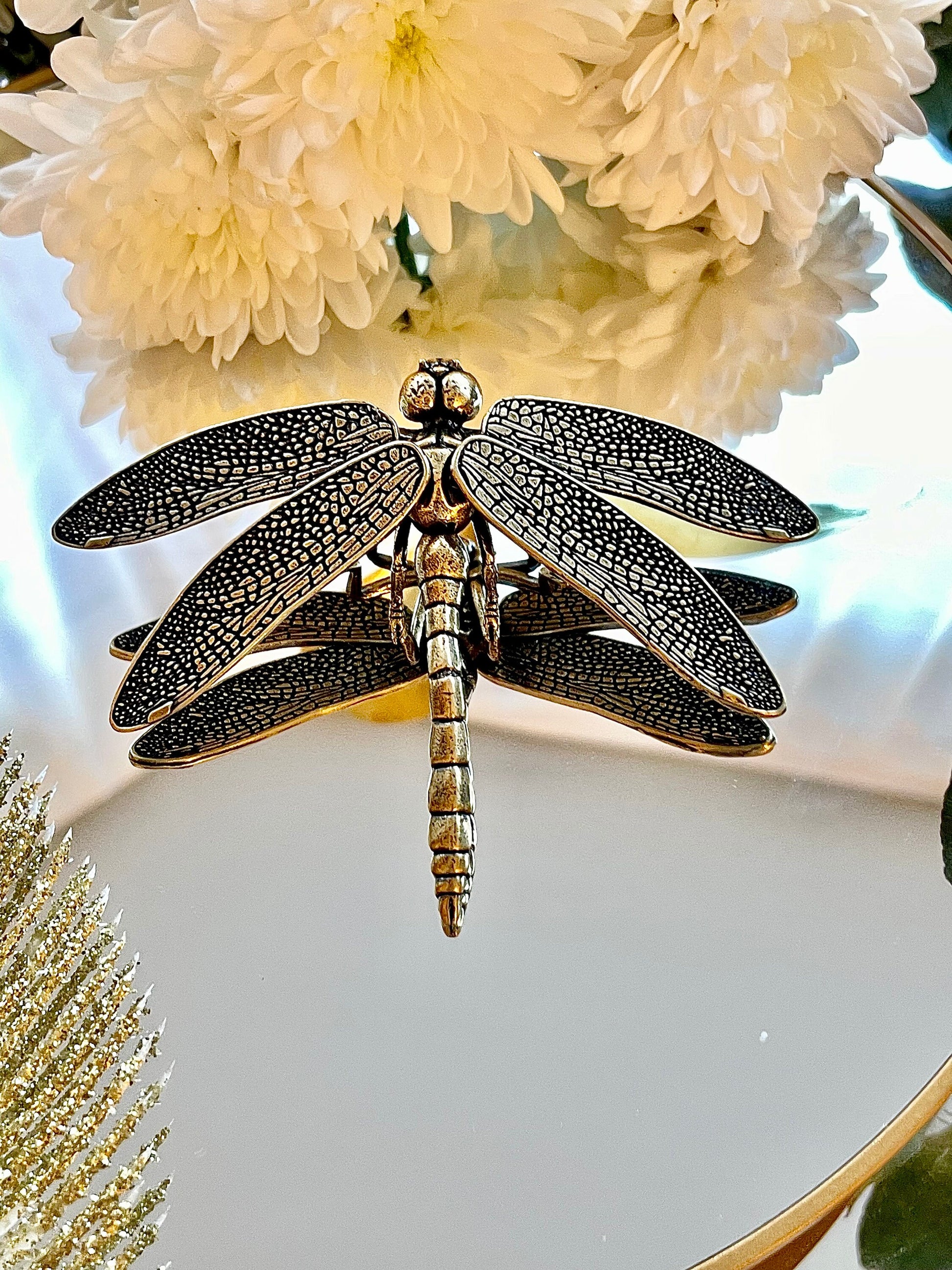 Creative Dragonfly Plant Pot Decoration, dragonfly figurine, Solid Brass, removable wings, creative Cool gift, Insect club