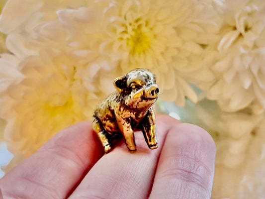 Happy little piglet fine solid brass miniature, lost wax casting, pig figurine, cute little animal sculpture