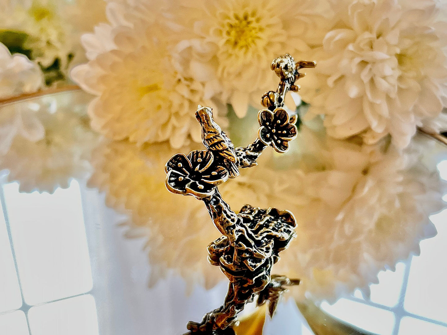 Solid Brass Lively Figurine Featuring a Spring Flowering Tree and Chirping Songbirds, Tabletop decoration, Pen rest, Spring ornament