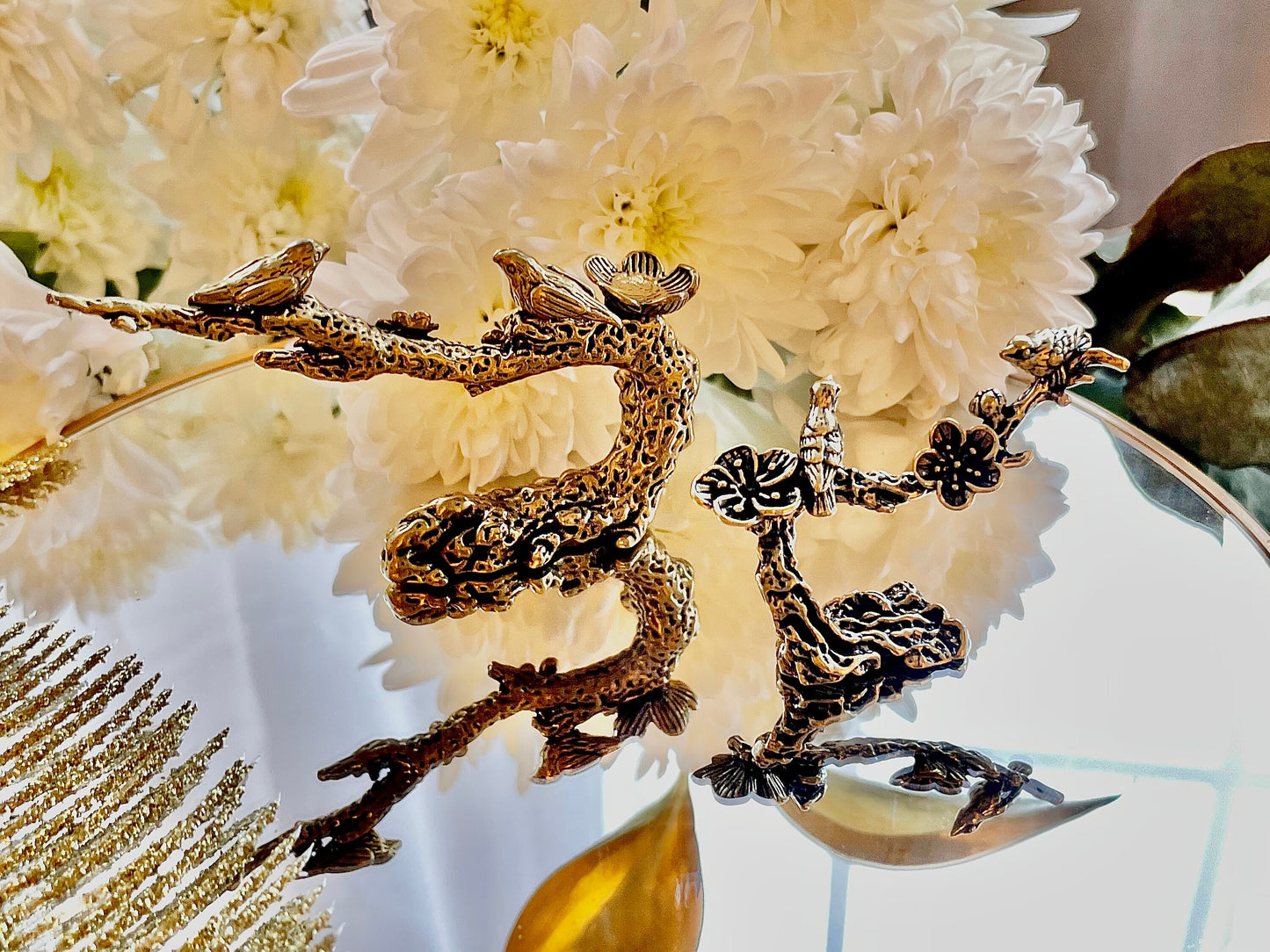 Solid Brass Lively Figurine Featuring a Spring Flowering Tree and Chirping Songbirds, Tabletop decoration, Pen rest, Spring ornament