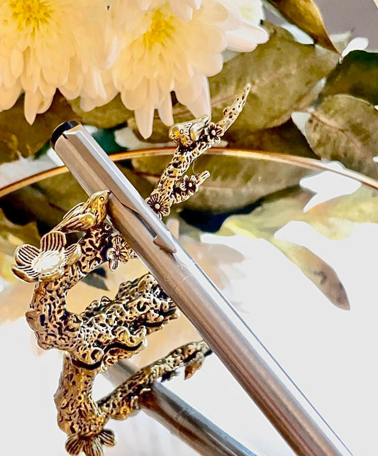 Solid Brass Lively Figurine Featuring a Spring Flowering Tree and Chirping Songbirds, Tabletop decoration, Pen rest, Spring ornament