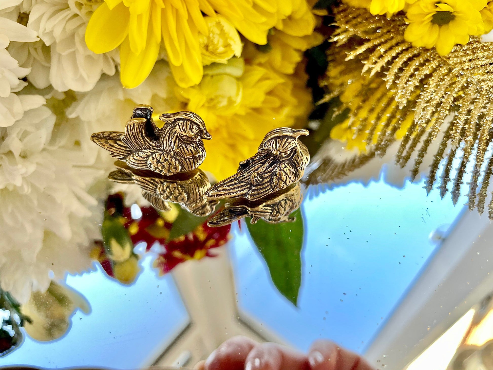 Pair of Solid brass couple of Mandarin Ducks figurines, Feng Shui, Desktop ornament, Japanese style figurine,