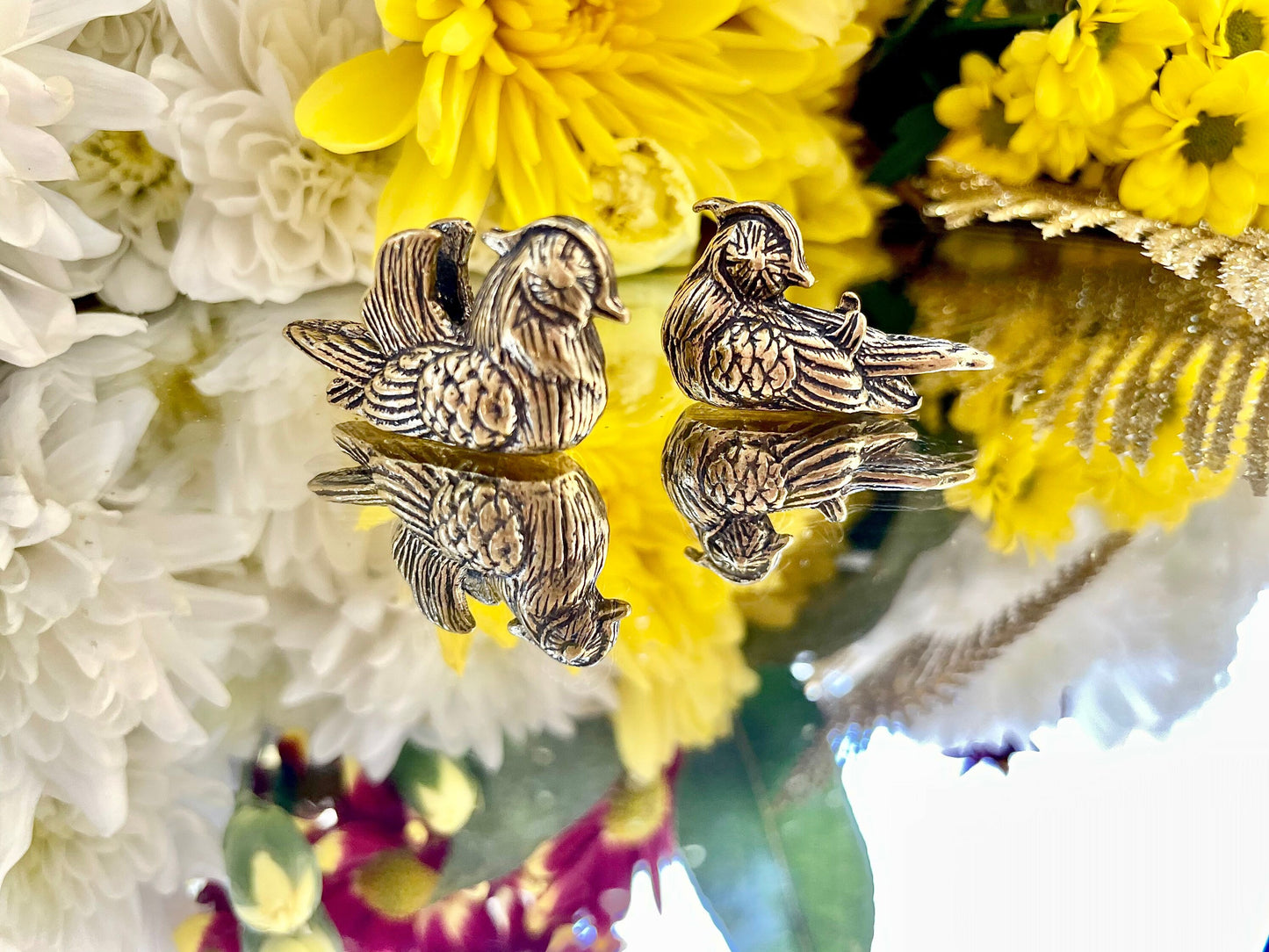 Pair of Solid brass couple of Mandarin Ducks figurines, Feng Shui, Desktop ornament, Japanese style figurine,
