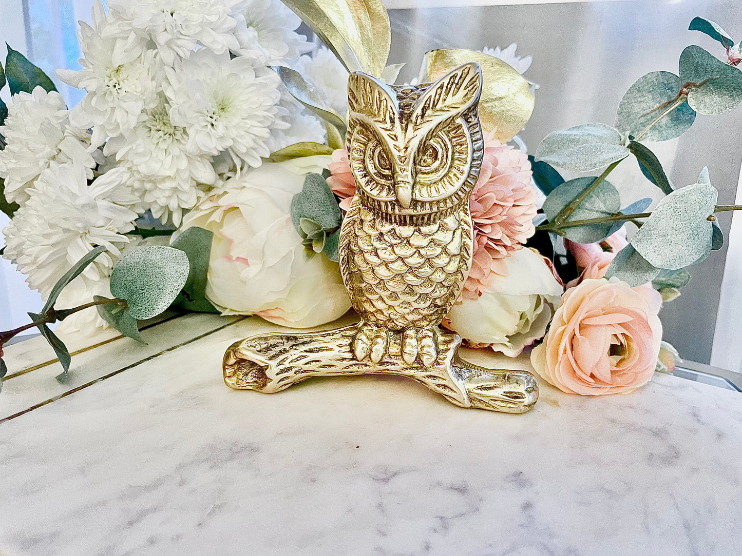 Set of three Vintage Brass Owls: Brass Sculpture of an Owl on a Branch, Table Centerpiece, Bird Figurine, collectible vintage birds
