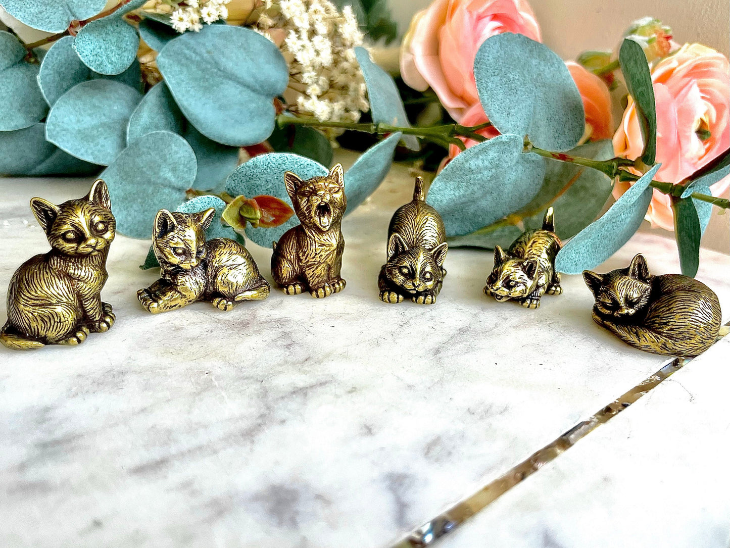 Cutest Set of Cats, Fine brass solid cat figurine, kitty pendant, Collectible car statuette, Gift for cat lover, Adorable kittens ornament