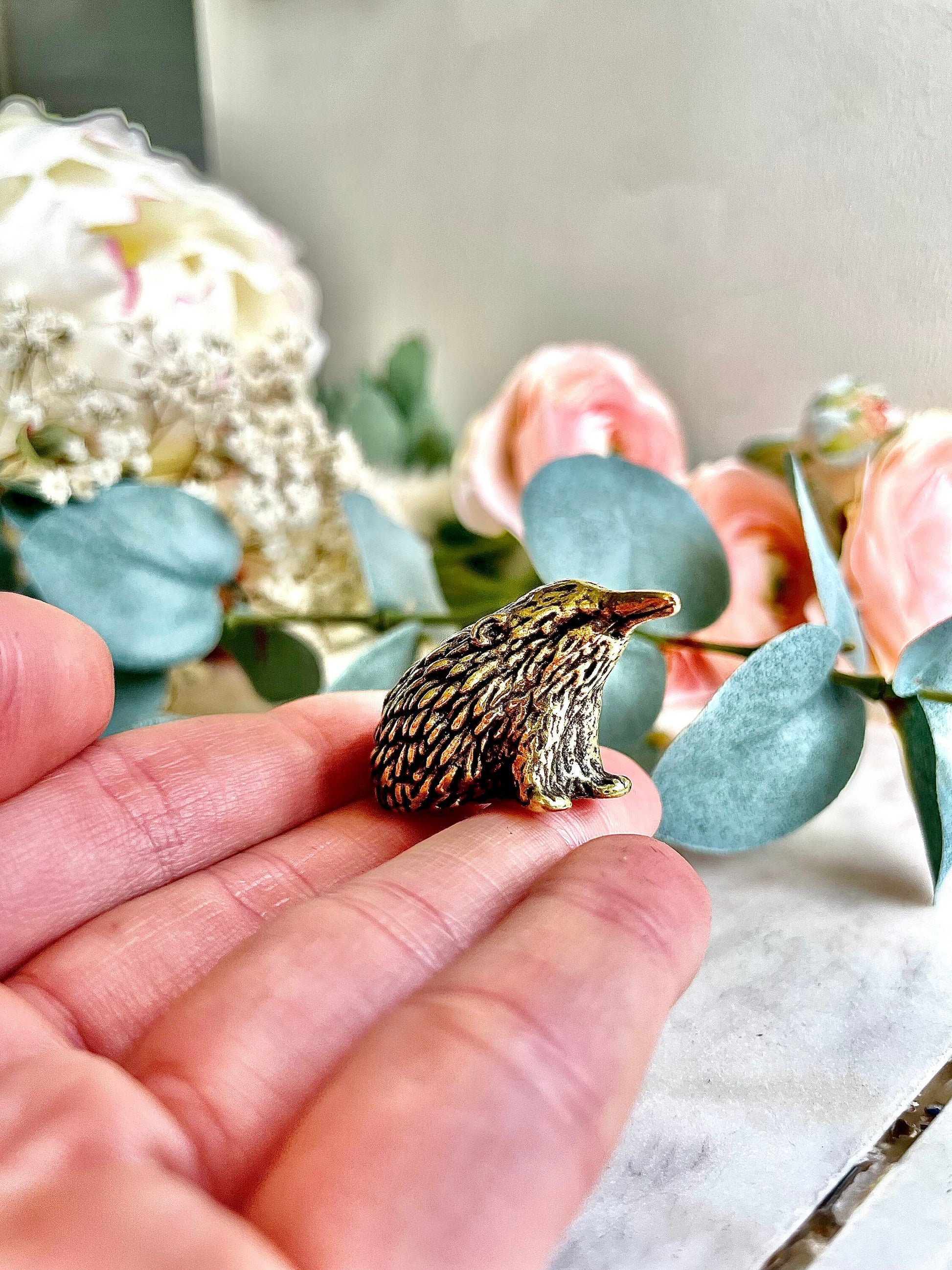 Solid brass Ehidna figurine, mole Rat figurine, Ant Mouse, garden animal ornament, brass gentleman in black velvet statuette