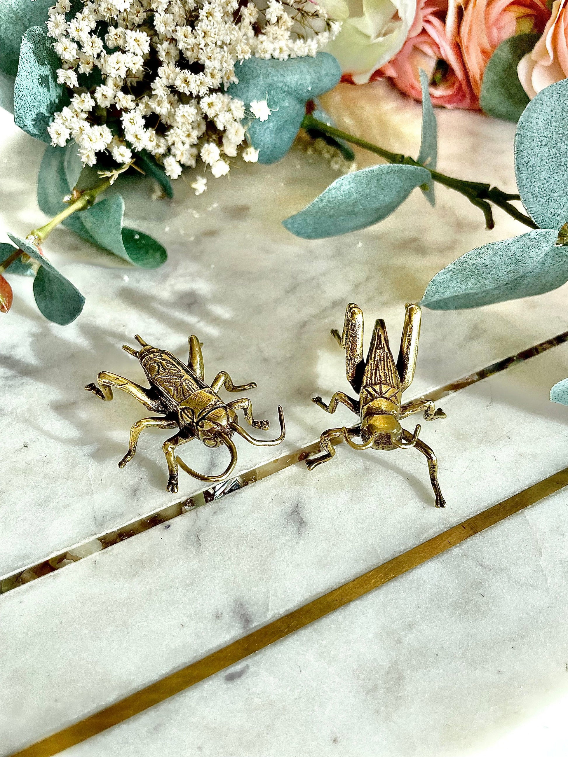 Fine lifelike Solid brass buzzing grasshopper figurine, Cricket Miniature, insect gift